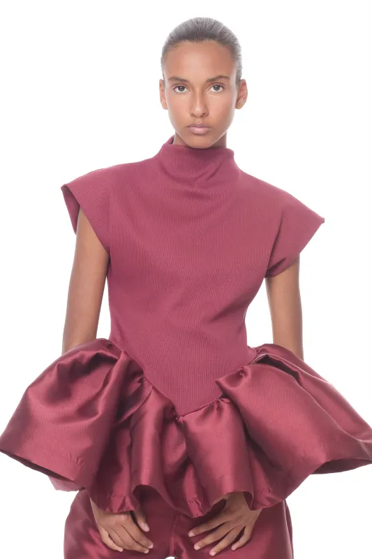 BURGUNDY HEAVY SATIN CAP SLEEVE TOP WITH PEPLUM made by Marques ’ Almeida