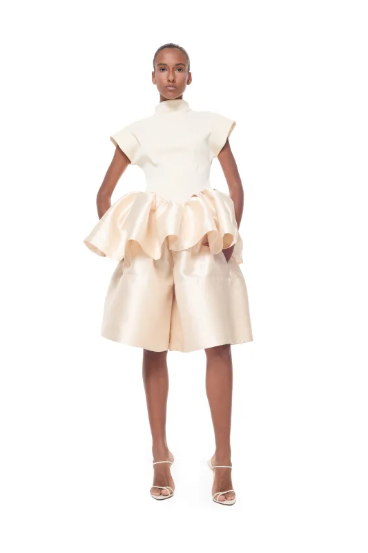 BEIGE MIKADO A-LINE VOLUME SHORTS made by Marques ’ Almeida