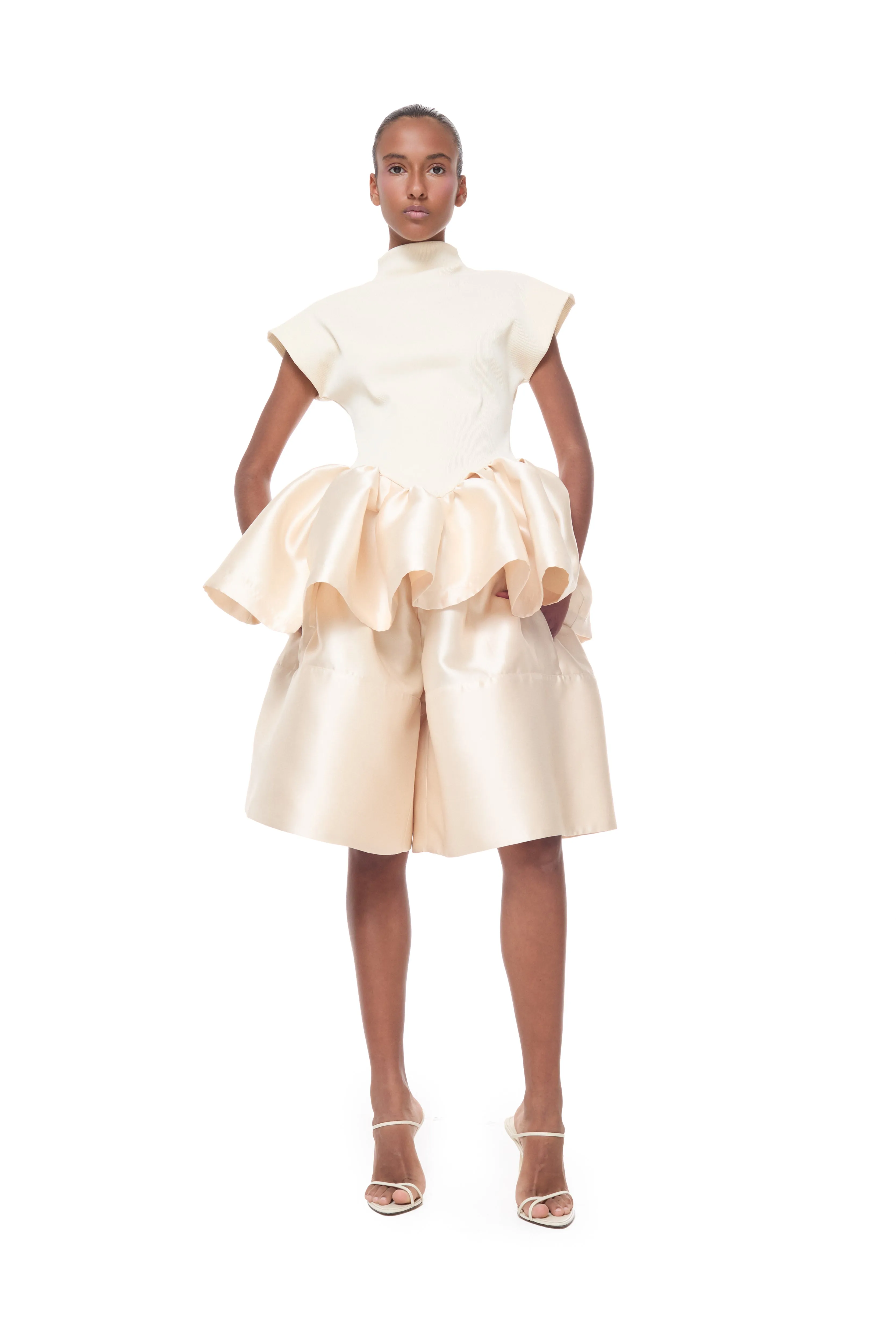 BEIGE MIKADO A-LINE VOLUME SHORTS sold by Marques ’ Almeida