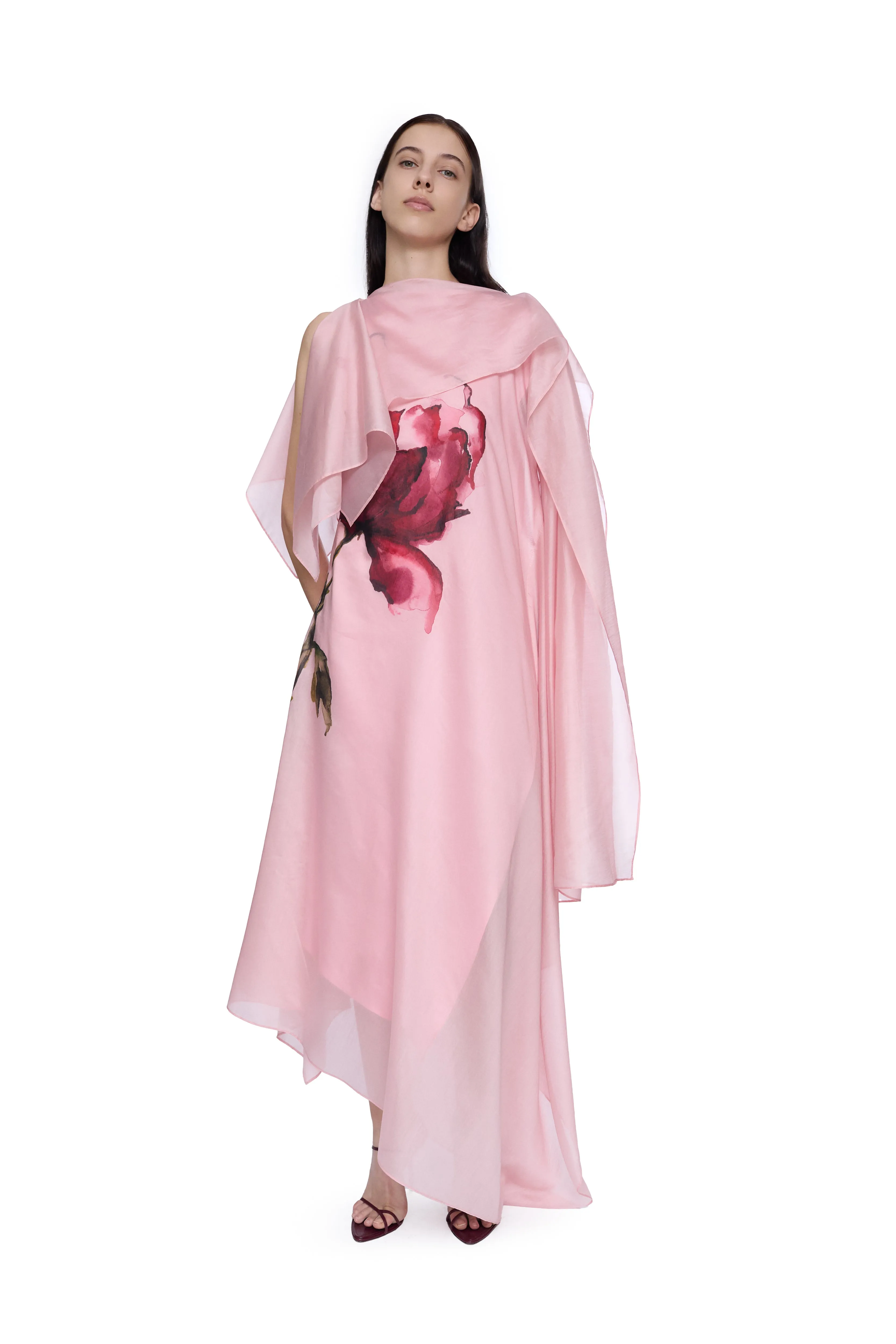 PINK WATERCOLOUR FLOWER SCARF DRAPE MIDI DRESS sold by Marques ’ Almeida