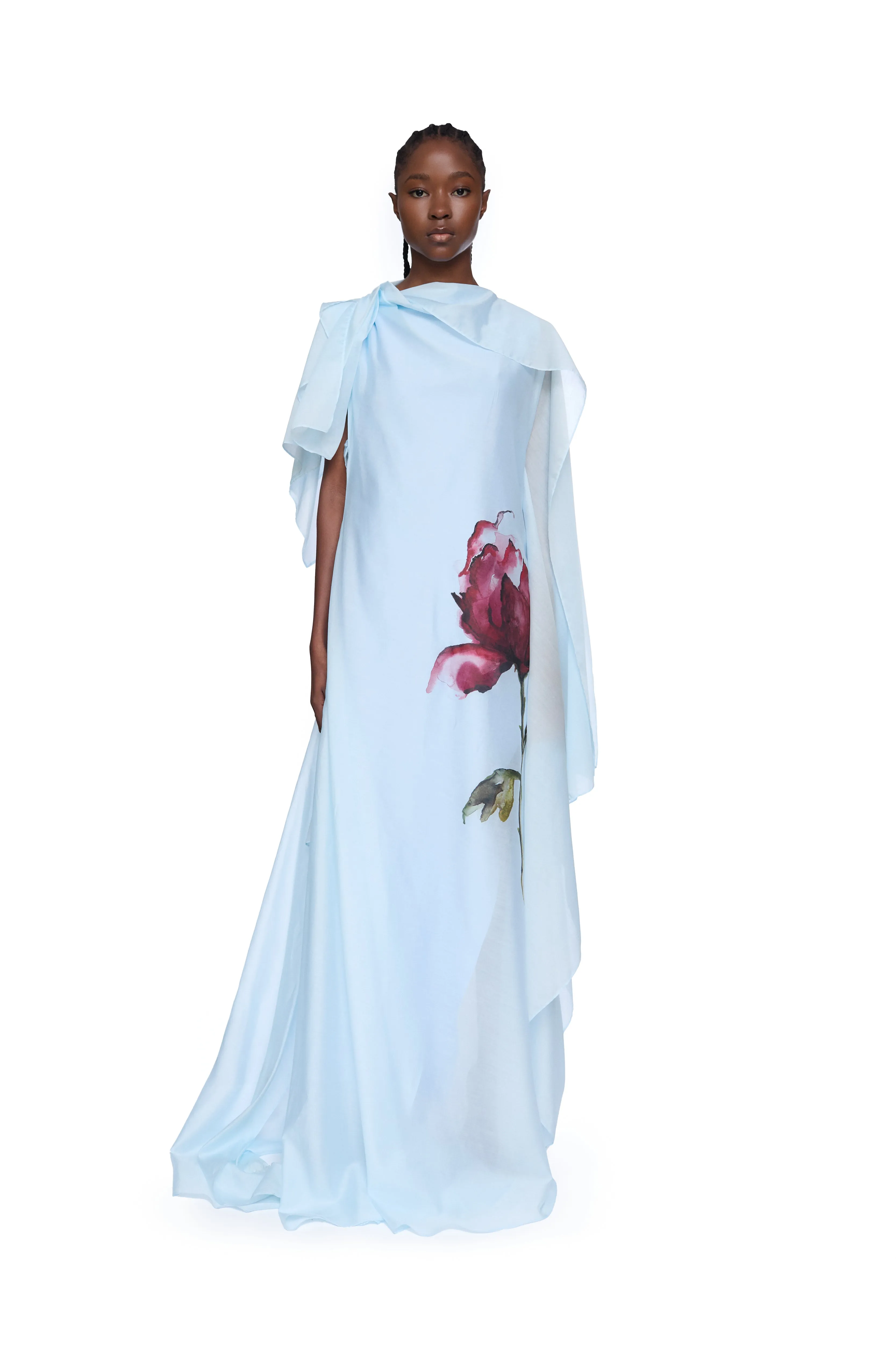 LIGHT BLUE WATERCOLOUR FLOWER SCARF DRAPE LONG DRESS sold by Marques ’ Almeida product image thumbnail 5