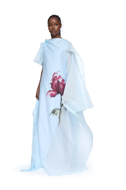 LIGHT BLUE WATERCOLOUR FLOWER SCARF DRAPE LONG DRESS made by Marques ’ Almeida