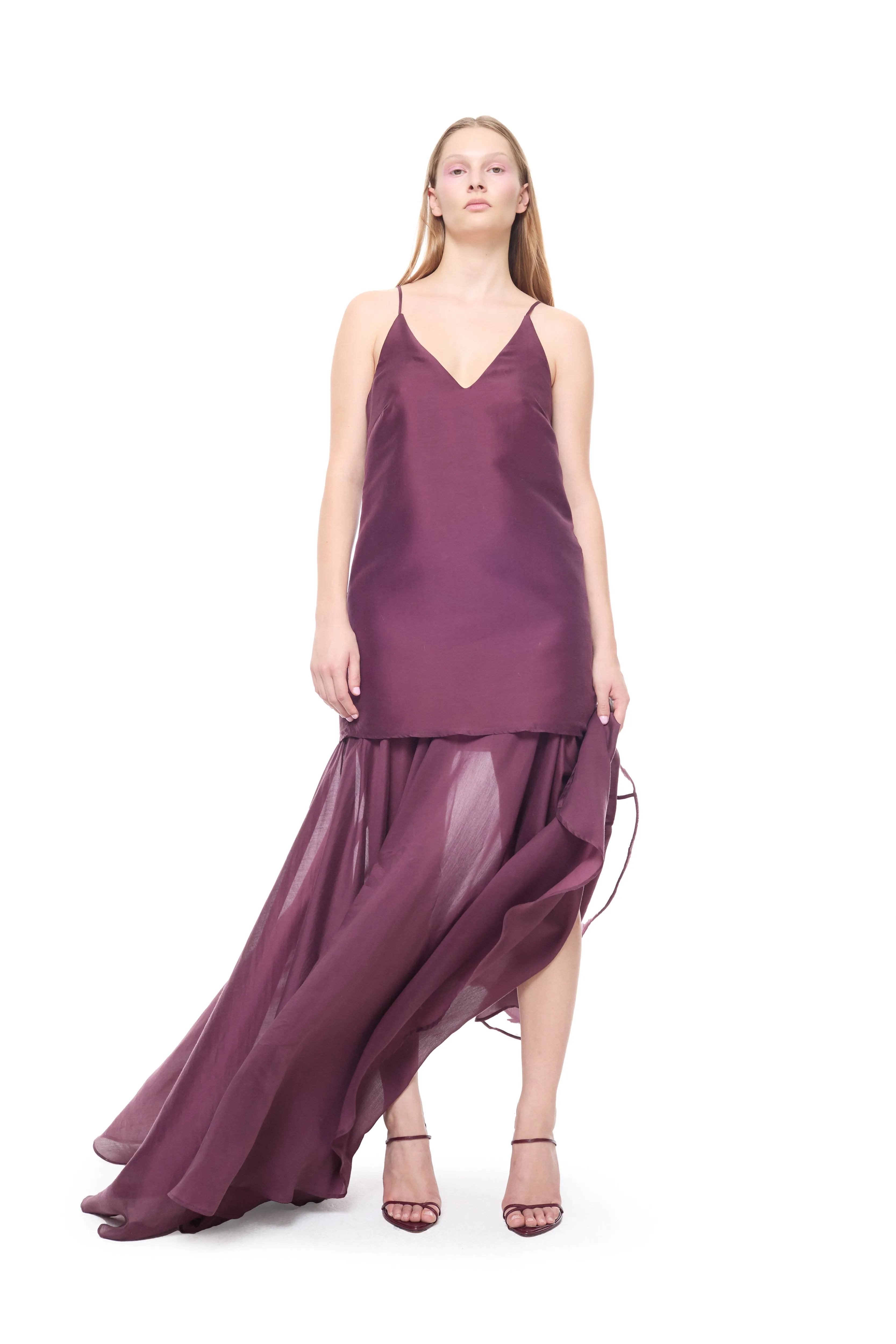 BURGUNDY DOUBLE LAYERED STRAPPY LONG DRESS sold by Marques ’ Almeida
