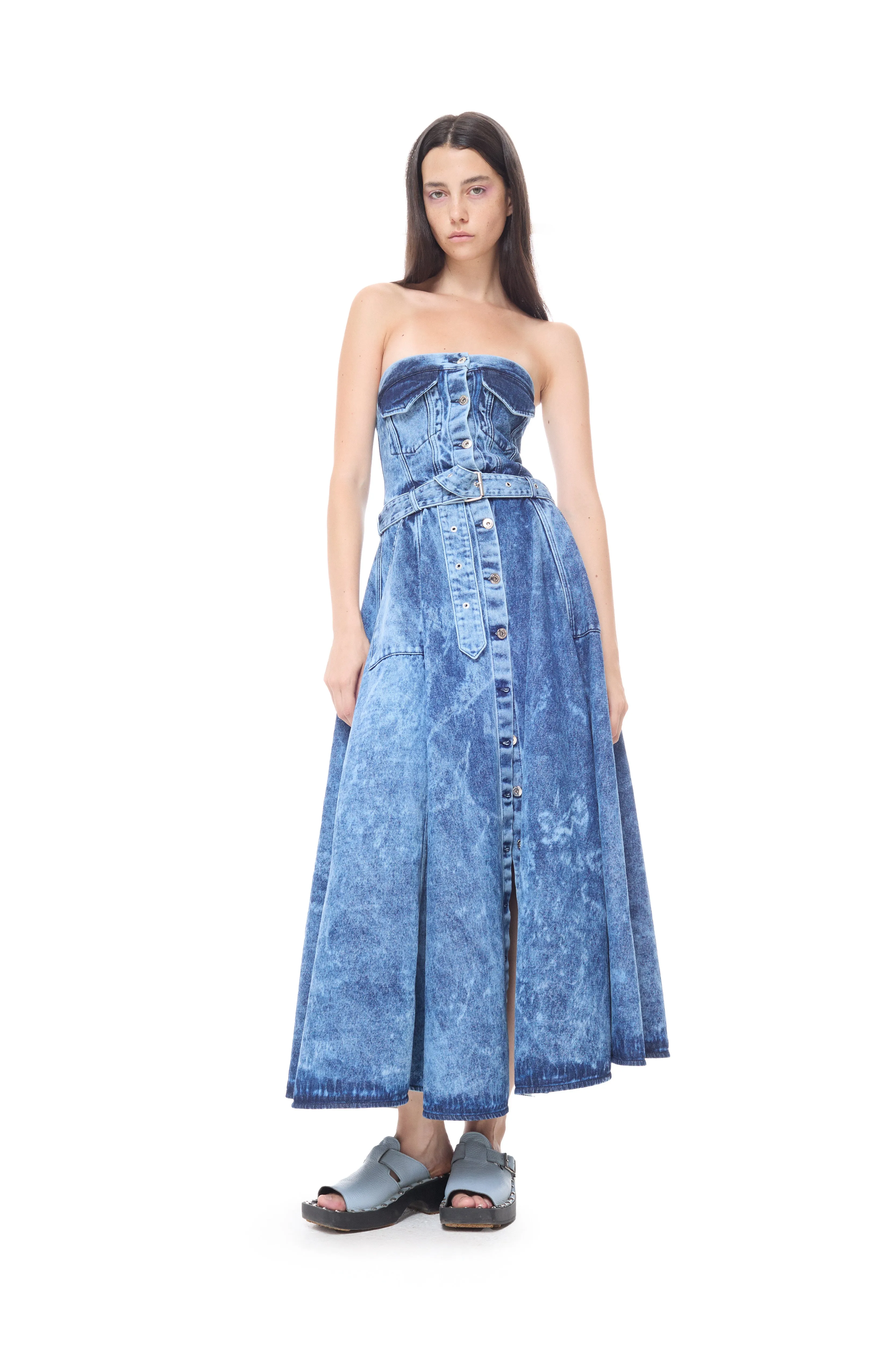 BLUE ACID WASH DENIM STRAPLESS CORSET MIDI DRESS sold by Marques ’ Almeida
