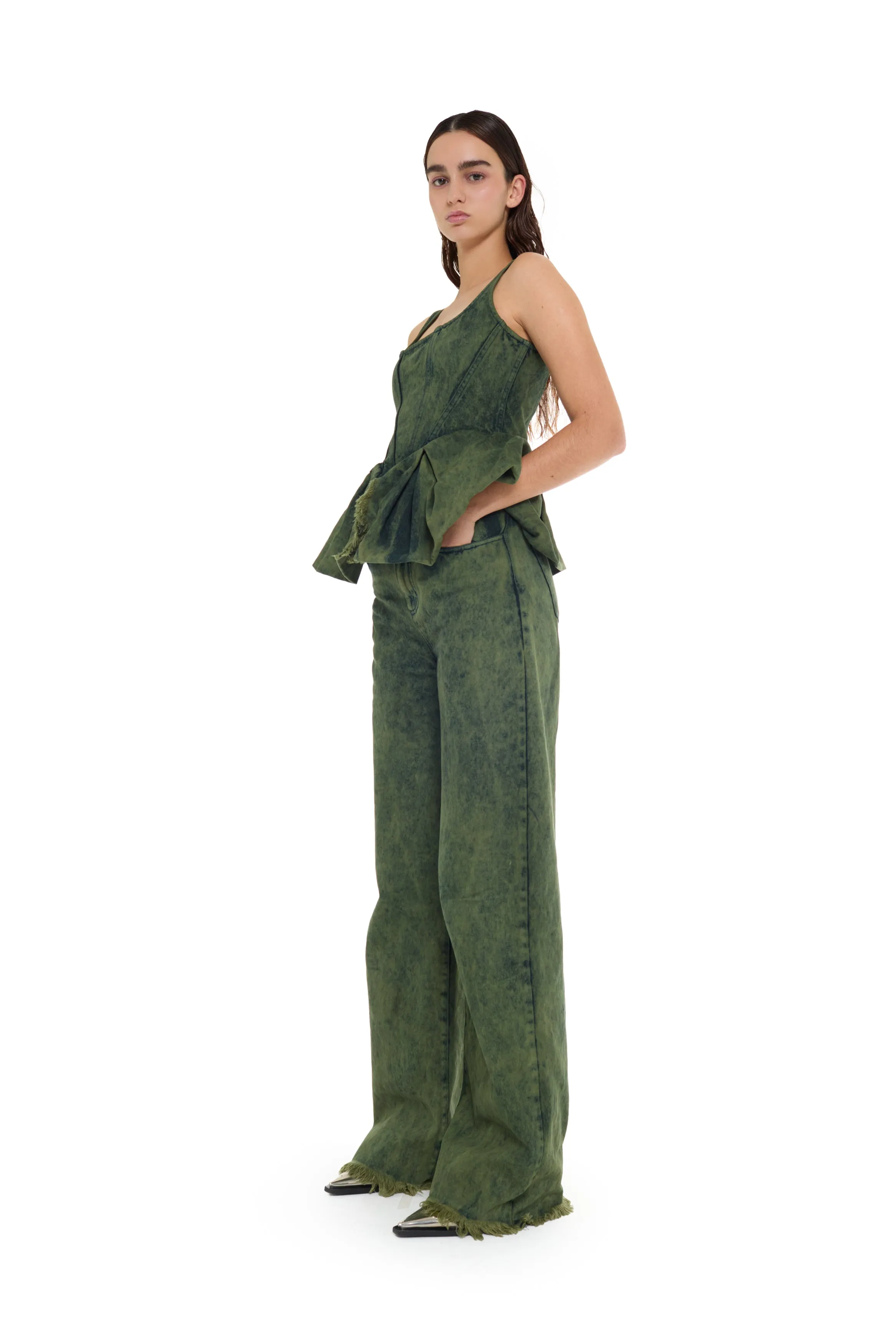 KHAKI OVERDYE DENIM PEPLUM CORSET TOP sold by Marques ’ Almeida product image thumbnail 5