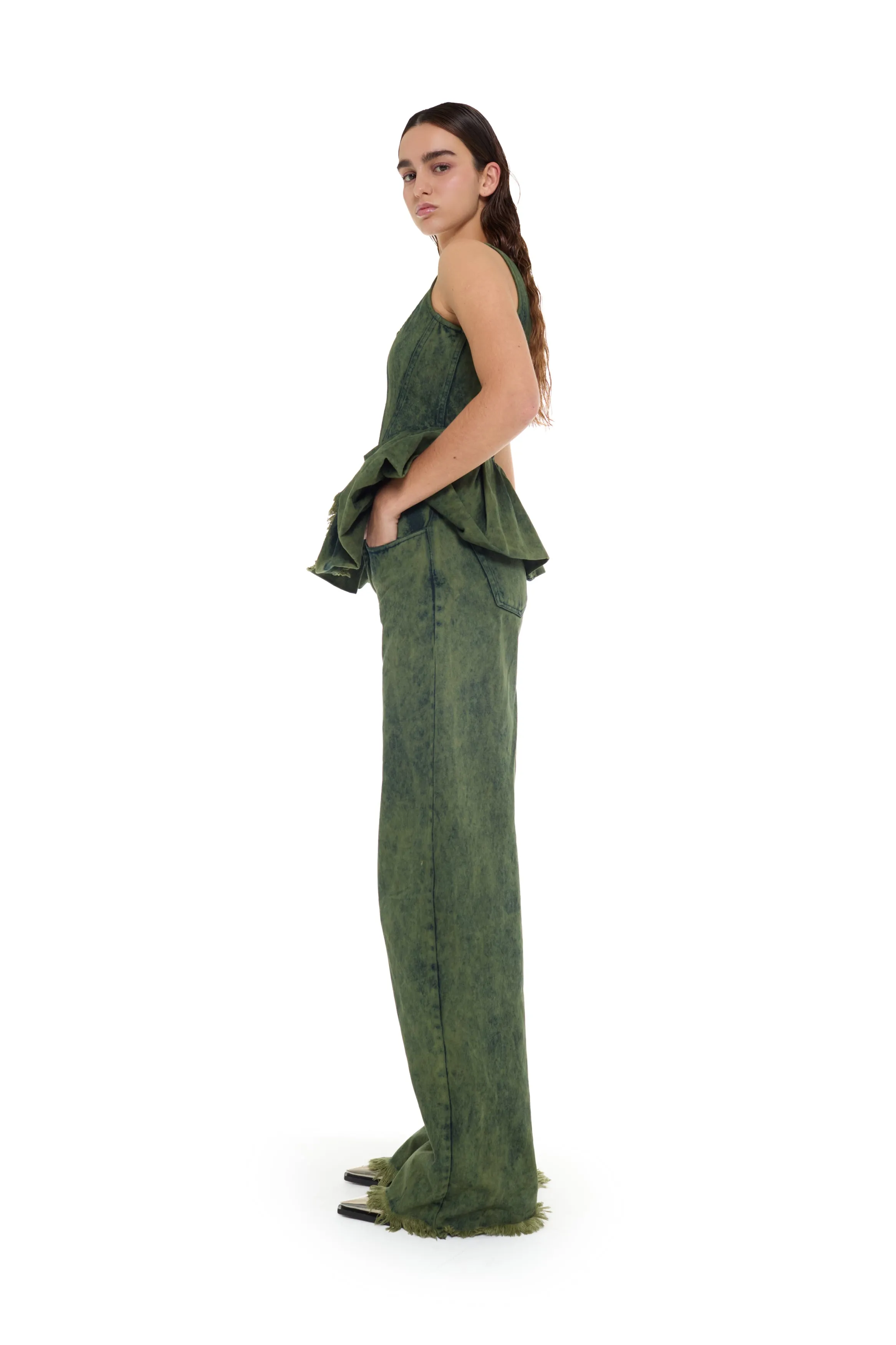 KHAKI OVERDYE DENIM PEPLUM CORSET TOP sold by Marques ’ Almeida product image thumbnail 4