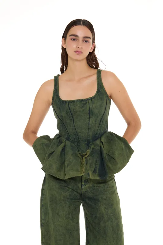 KHAKI OVERDYE DENIM PEPLUM CORSET TOP made by Marques ’ Almeida