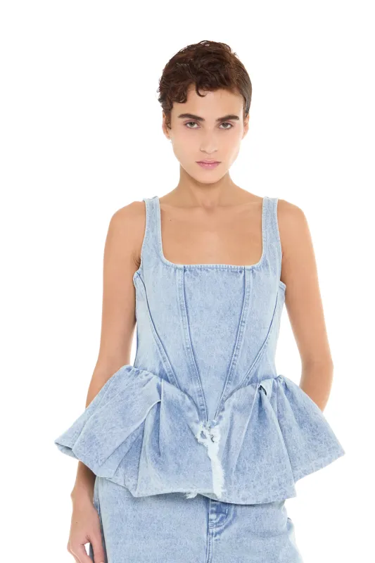 LIGHT BLUE DENIM PEPLUM CORSET TOP made by Marques ’ Almeida