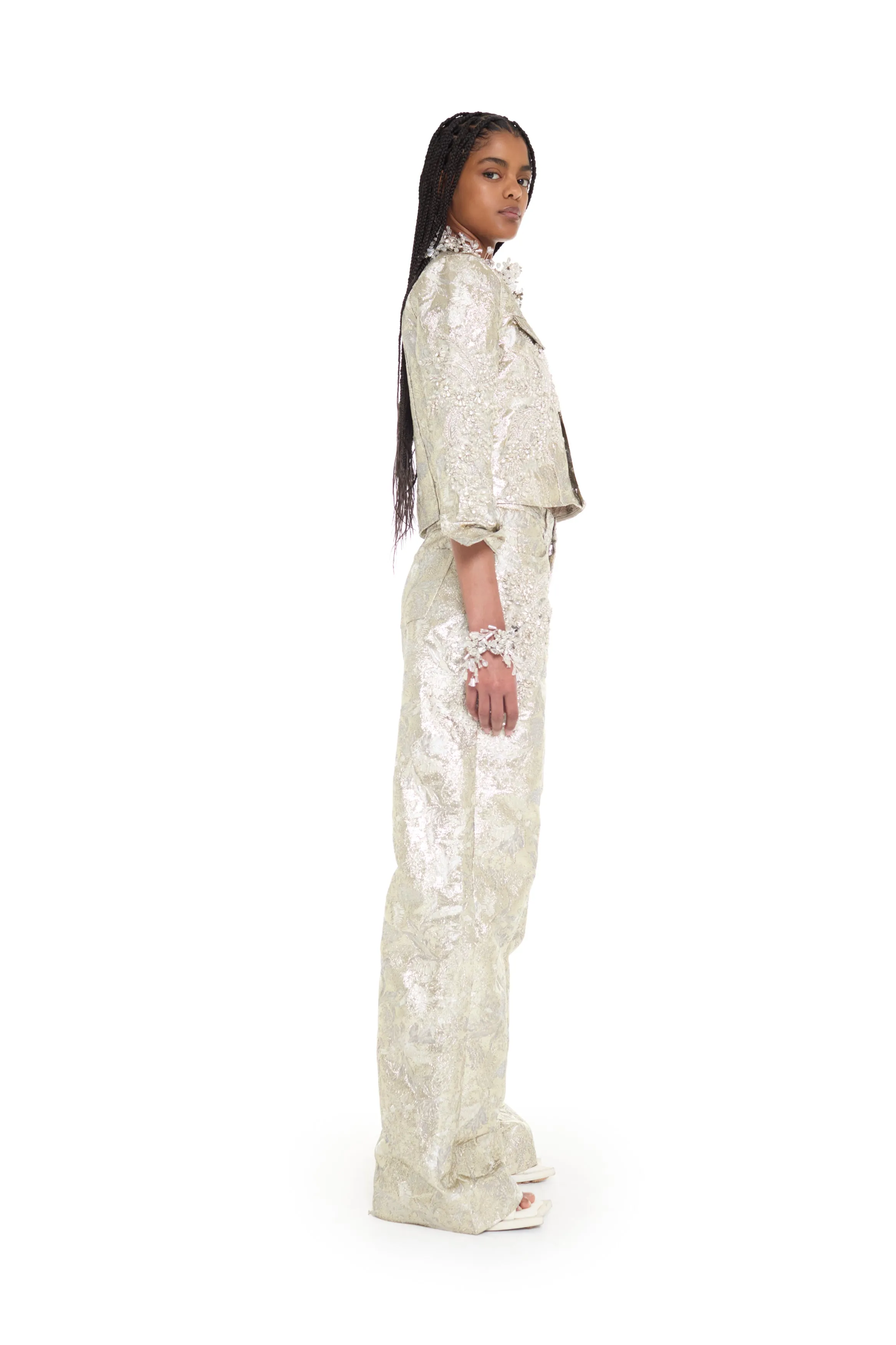WHITE METALLIC BROCADE EMBELLISHED SLIM FITTED JACKET sold by Marques ’ Almeida product image thumbnail 4