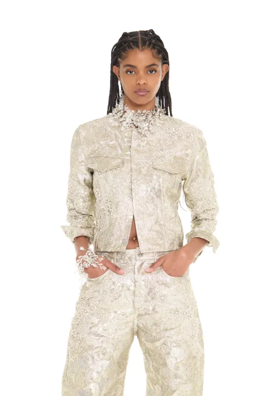 WHITE METALLIC BROCADE EMBELLISHED SLIM FITTED JACKET made by Marques ’ Almeida