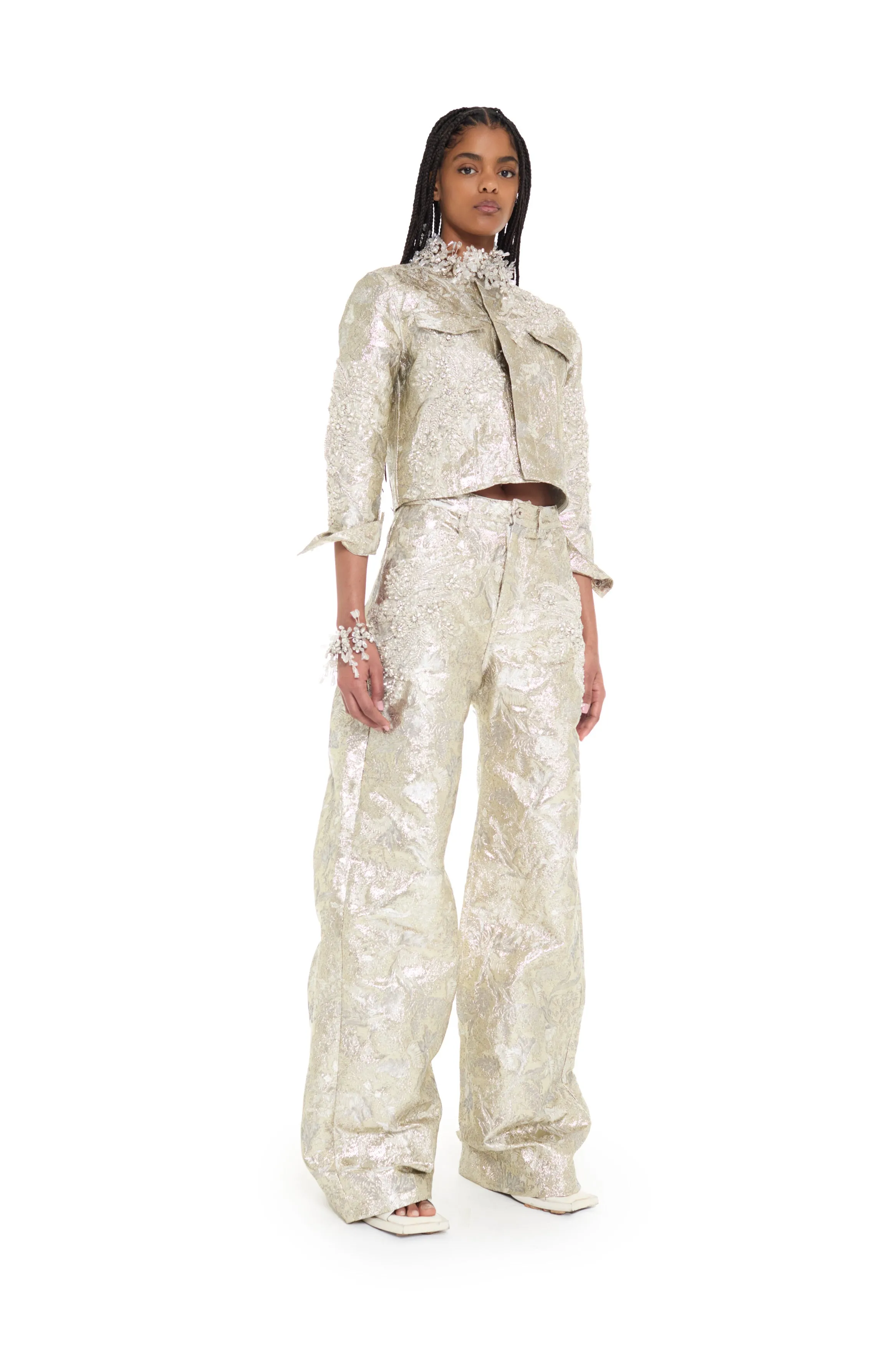WHITE METALLIC BROCADE EMBELLISHED SLIM FITTED JACKET sold by Marques ’ Almeida product image thumbnail 5