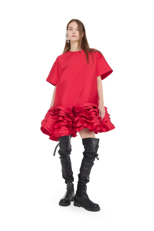 RED MIKADO T-SHIRT LOOSE FIT FRILL DRESS made by Marques ’ Almeida