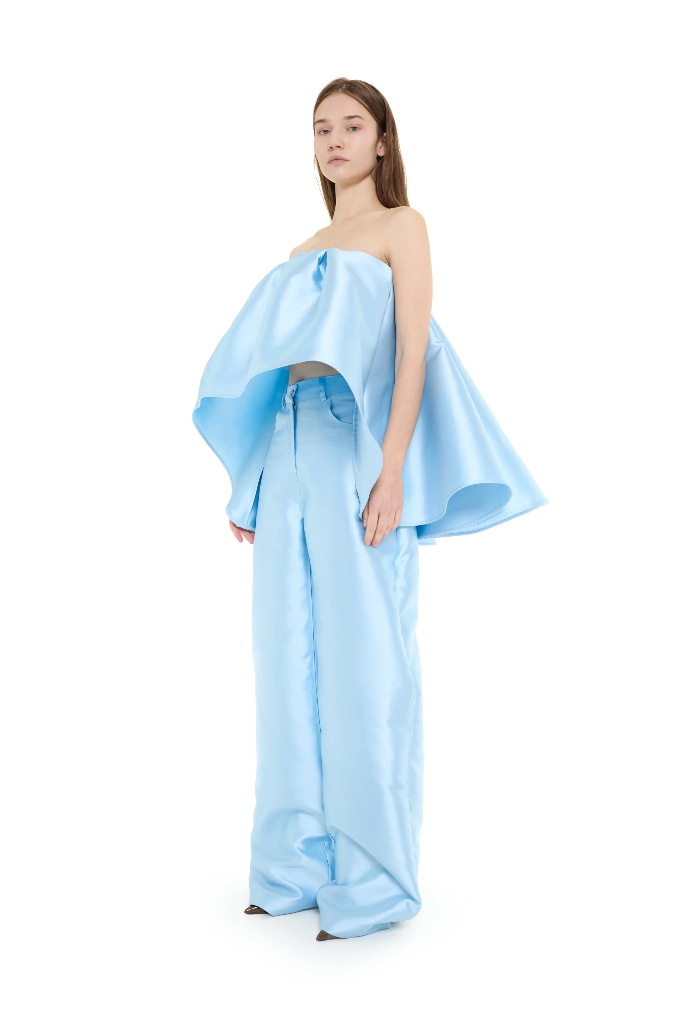 LIGHT BLUE MIKADO STRAPLESS PLEATED PUFF TOP sold by Marques ’ Almeida product image thumbnail 5