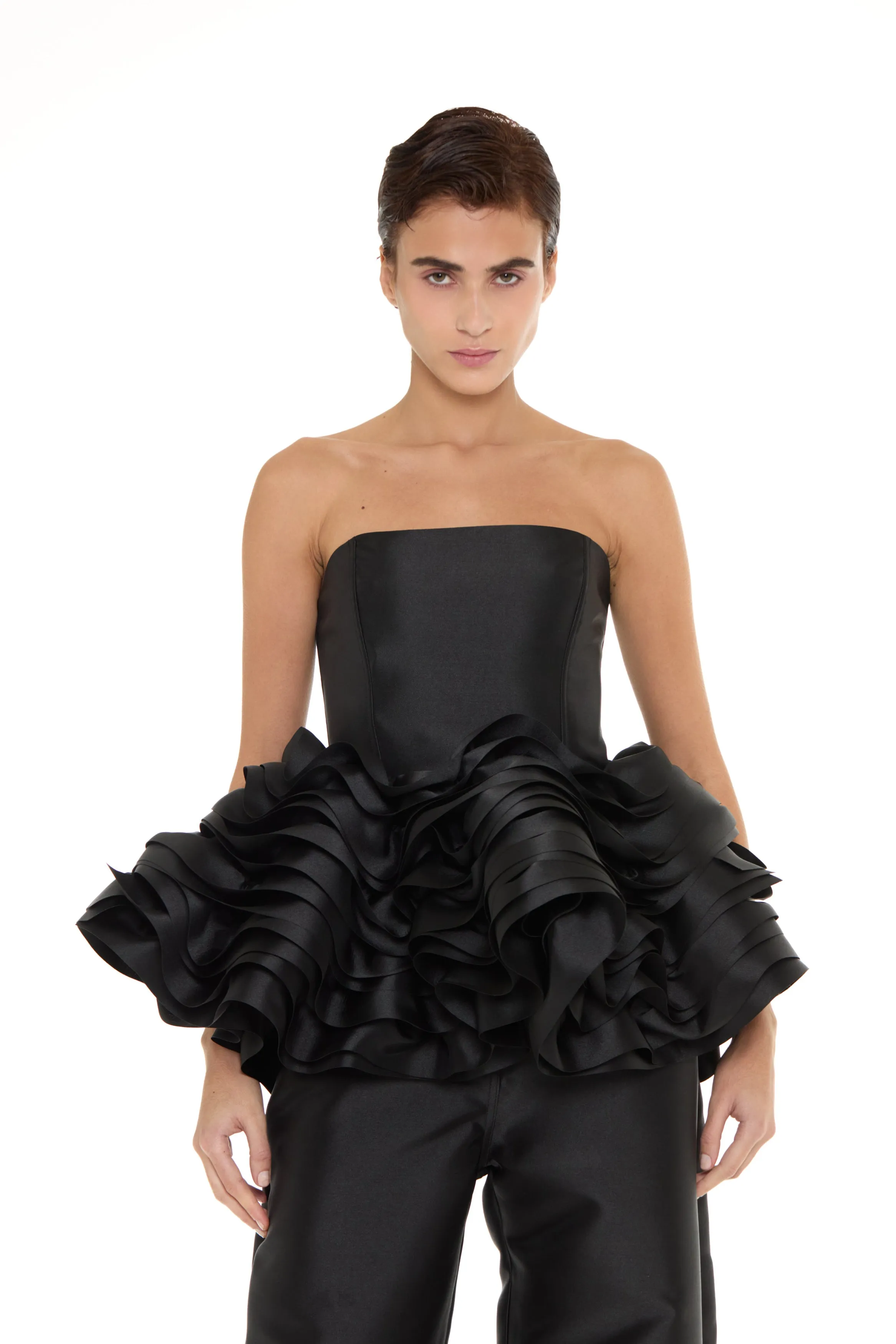 BLACK MIKADO STRAPLESS LAYERED FRILL TOP sold by Marques ’ Almeida