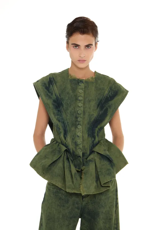 KHAKI OVERDYE DENIM STRUCTURED SHOULDER CINCHED TOP made by Marques ’ Almeida