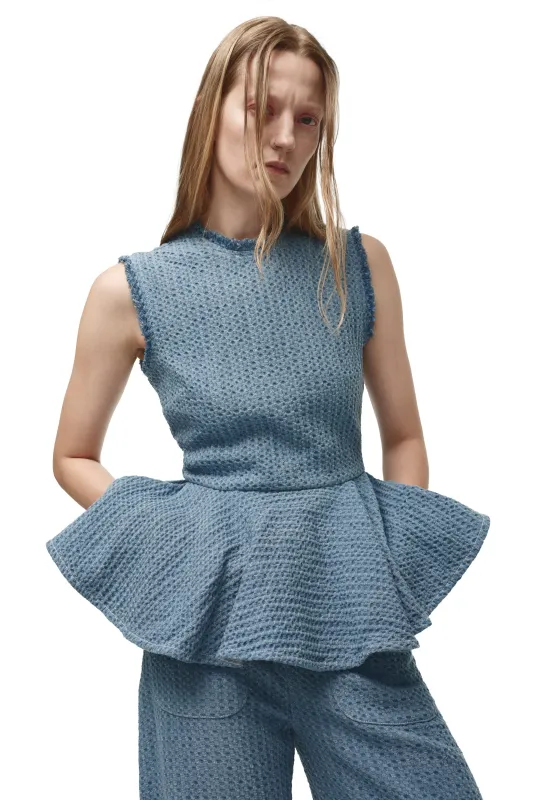 BLUE TWEED DENIM ROUND NECK PEPLUM TOP made by Marques ’ Almeida