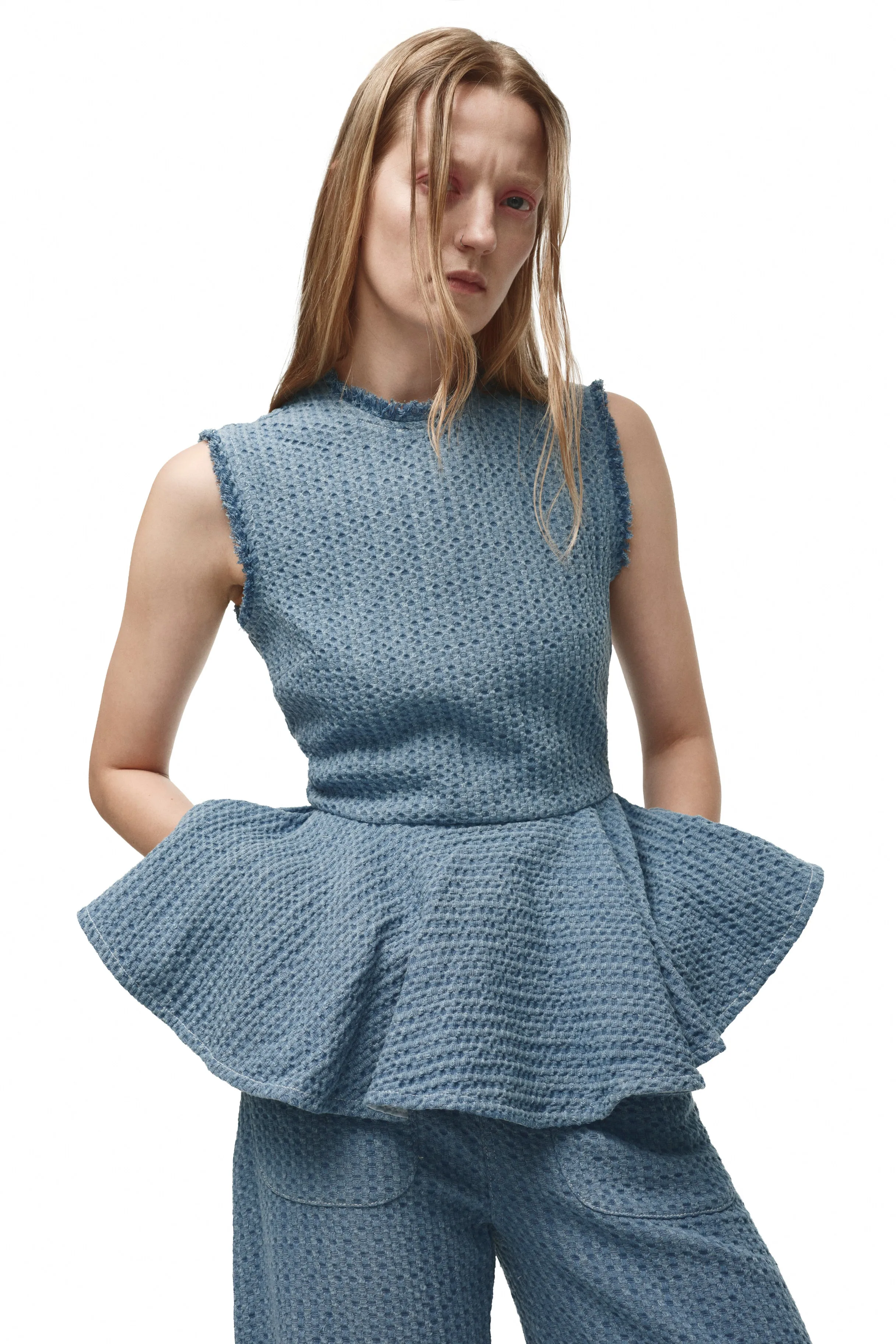 BLUE TWEED DENIM ROUND NECK PEPLUM TOP sold by Marques ’ Almeida