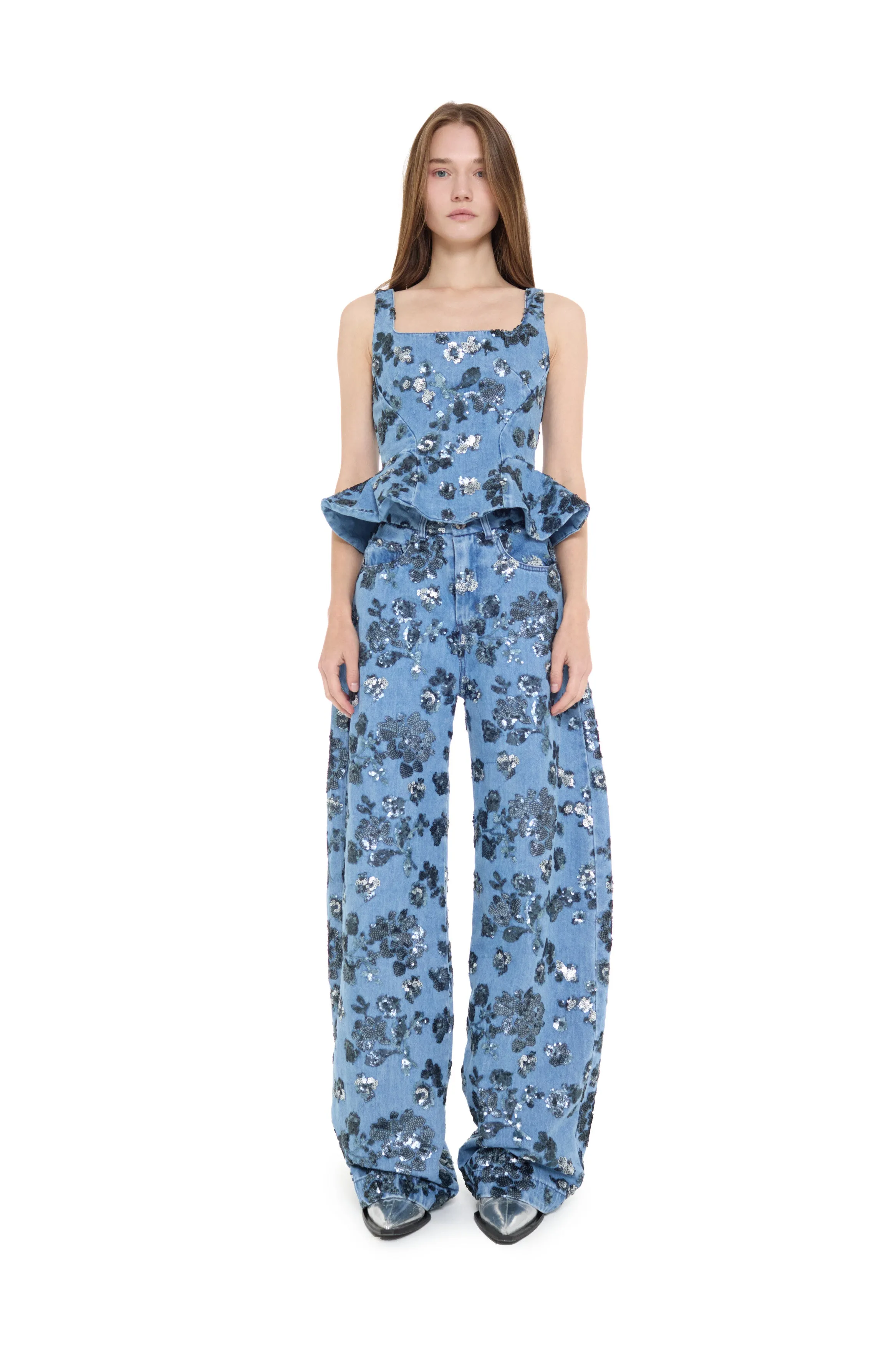 LIGHT BLUE SEQUIN EMBROIDERED BOYFRIEND TROUSERS sold by Marques ’ Almeida product image thumbnail 5