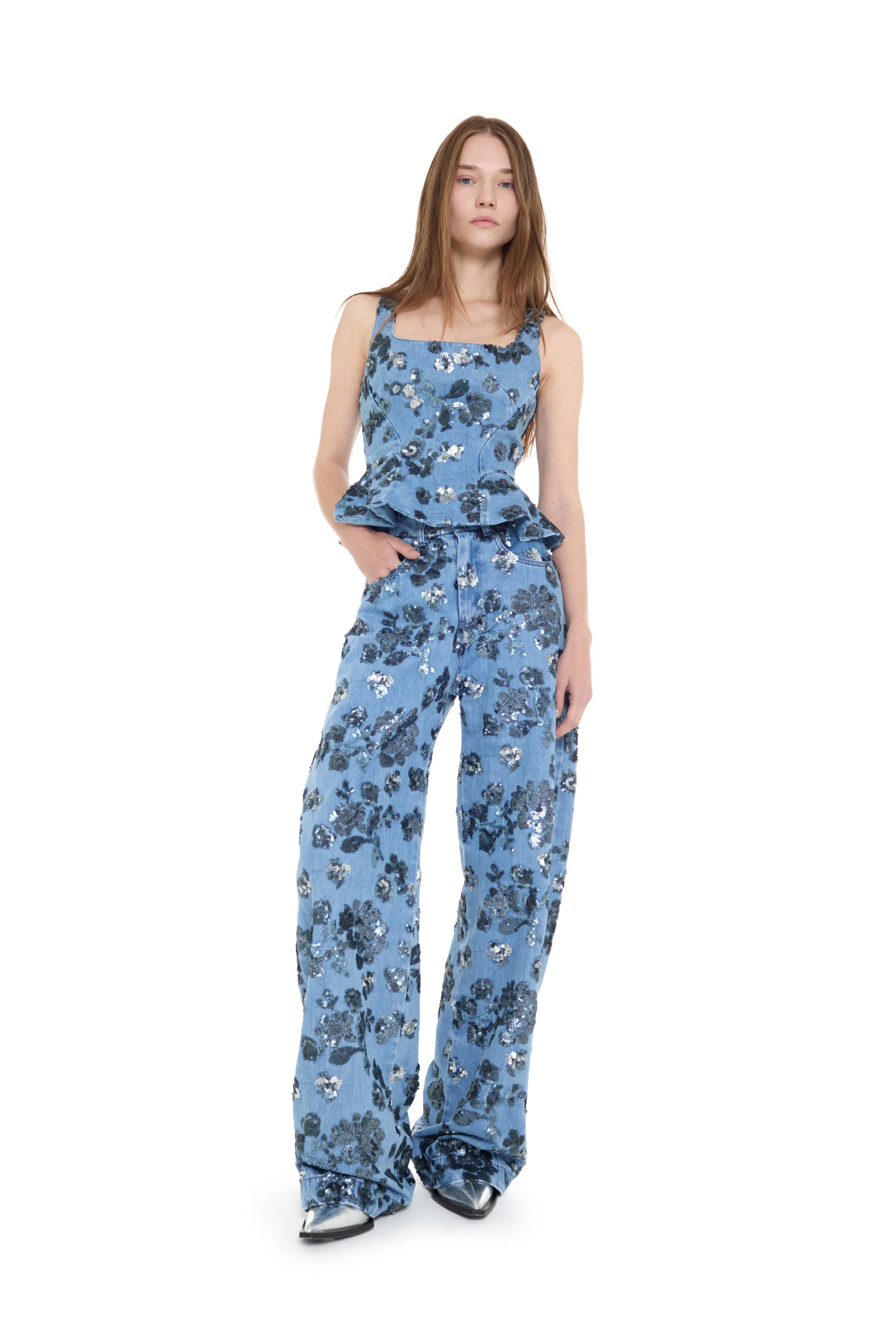 LIGHT BLUE SEQUIN EMBROIDERED BOYFRIEND TROUSERS sold by Marques ’ Almeida