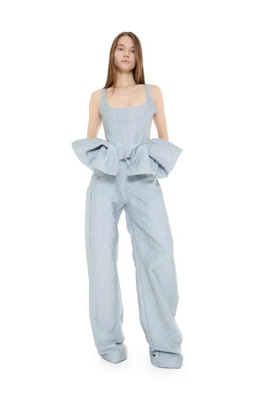 LIGHT BLUE TEXTURED BROCADE BOYFRIEND TROUSERS made by Marques ’ Almeida