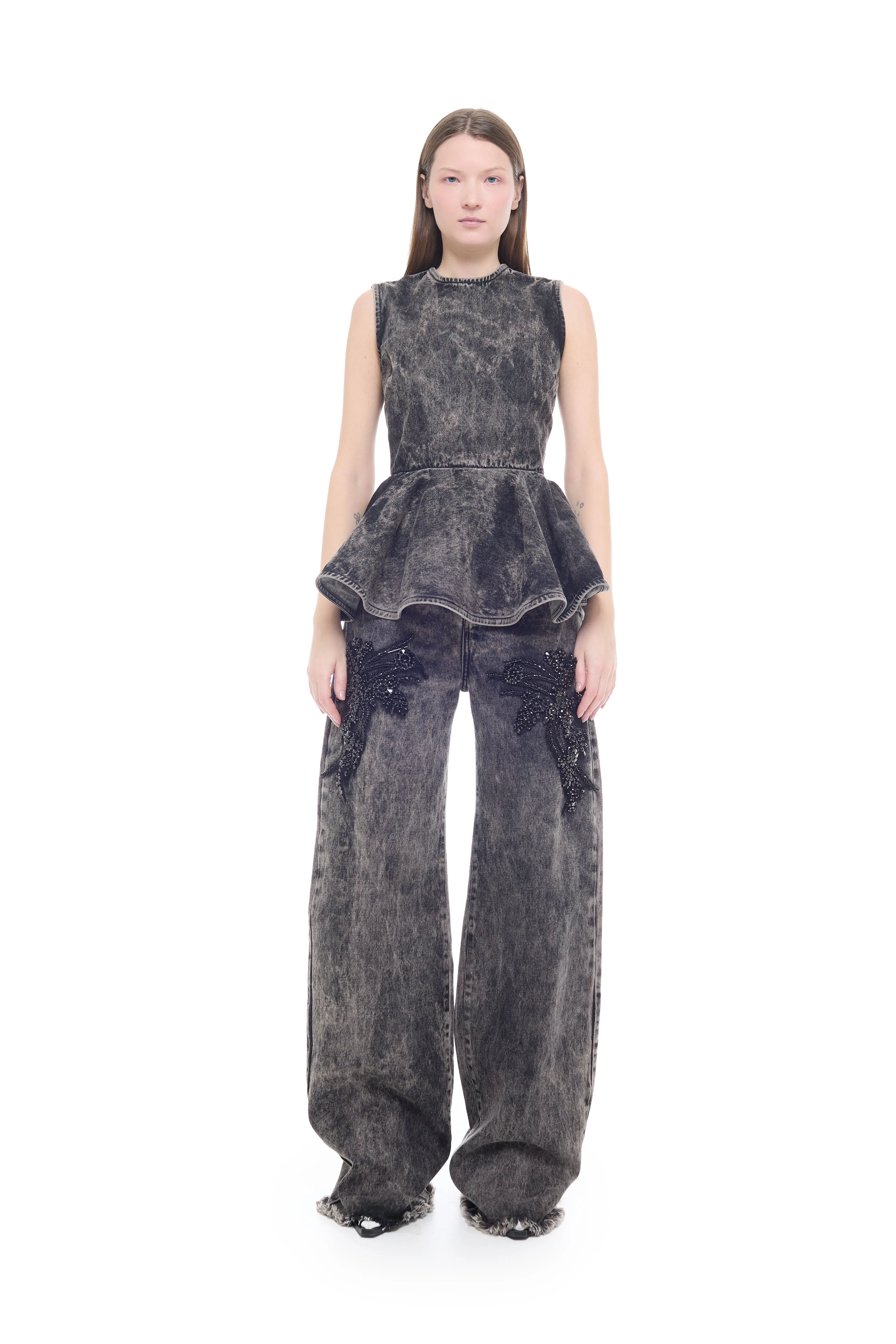 BLACK ACID WASH DENIM ROUND NECK PEPLUM TOP sold by Marques ’ Almeida product image thumbnail 4