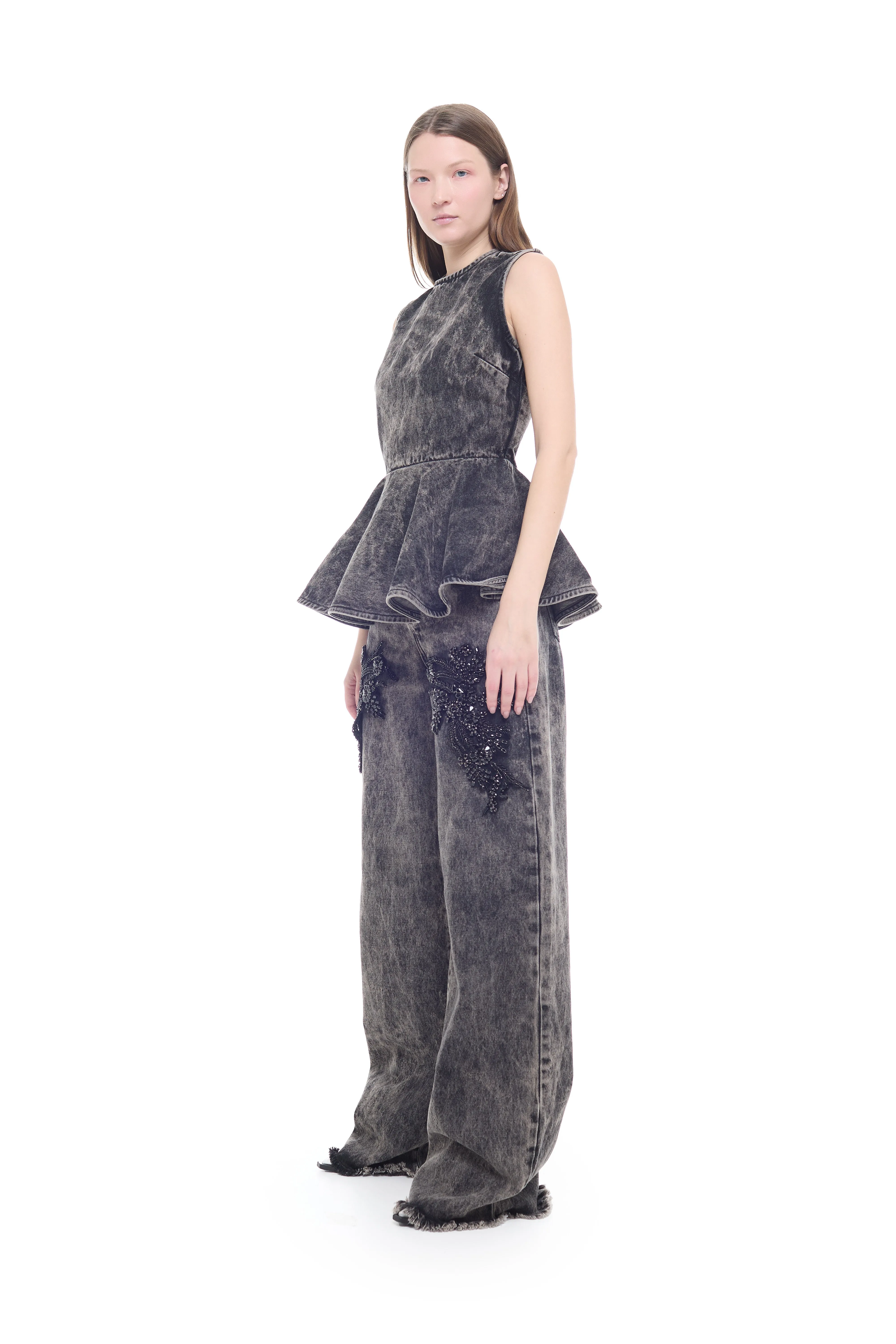 BLACK ACID WASH DENIM ROUND NECK PEPLUM TOP sold by Marques ’ Almeida product image thumbnail 5