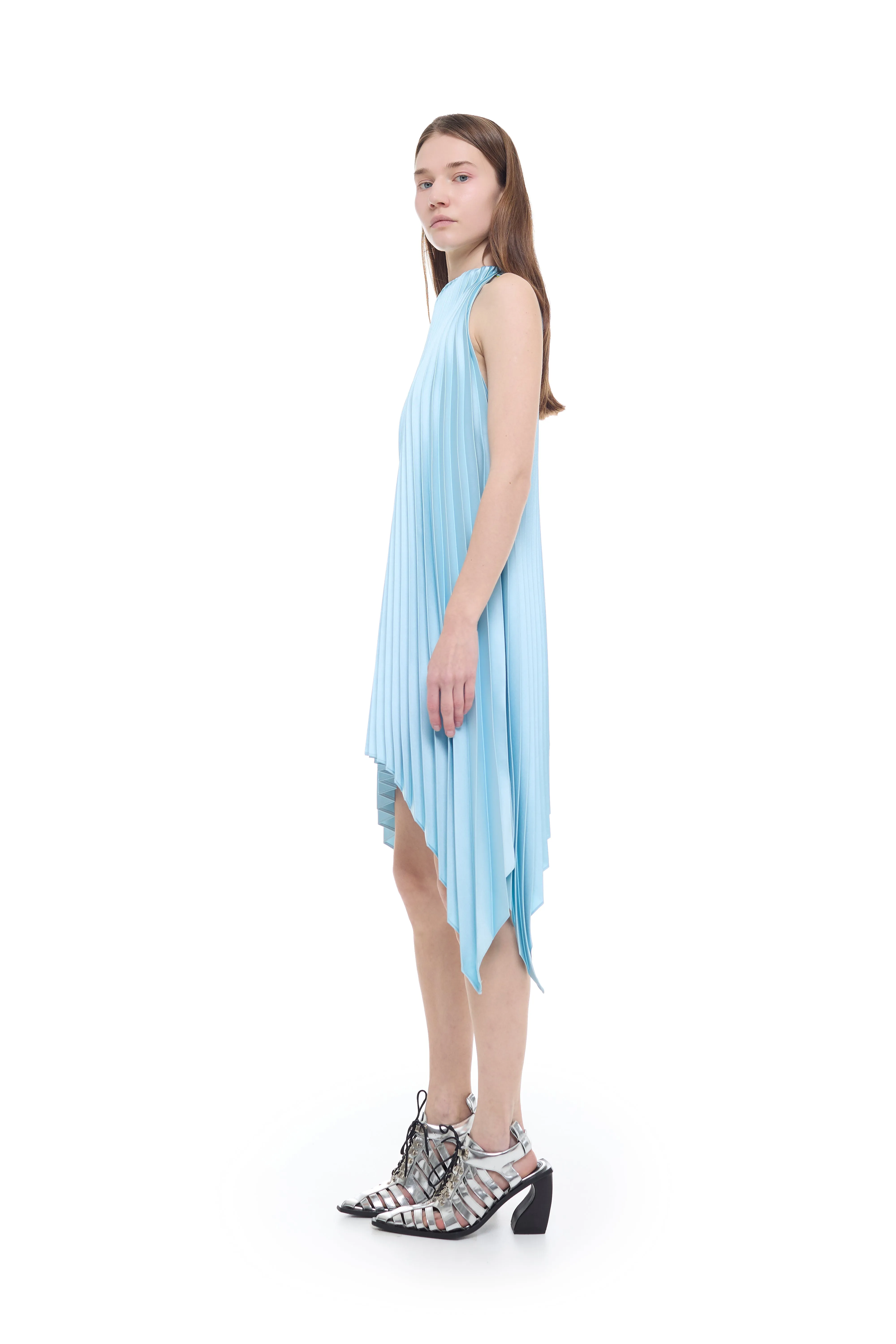 LIGHT BLUE PLEATED MIKADO HALTERNECK MINI DRESS sold by Marques ’ Almeida product image thumbnail 4