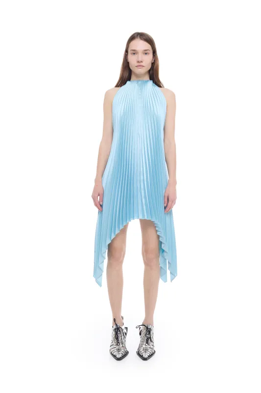 LIGHT BLUE PLEATED MIKADO HALTERNECK MINI DRESS made by Marques ’ Almeida
