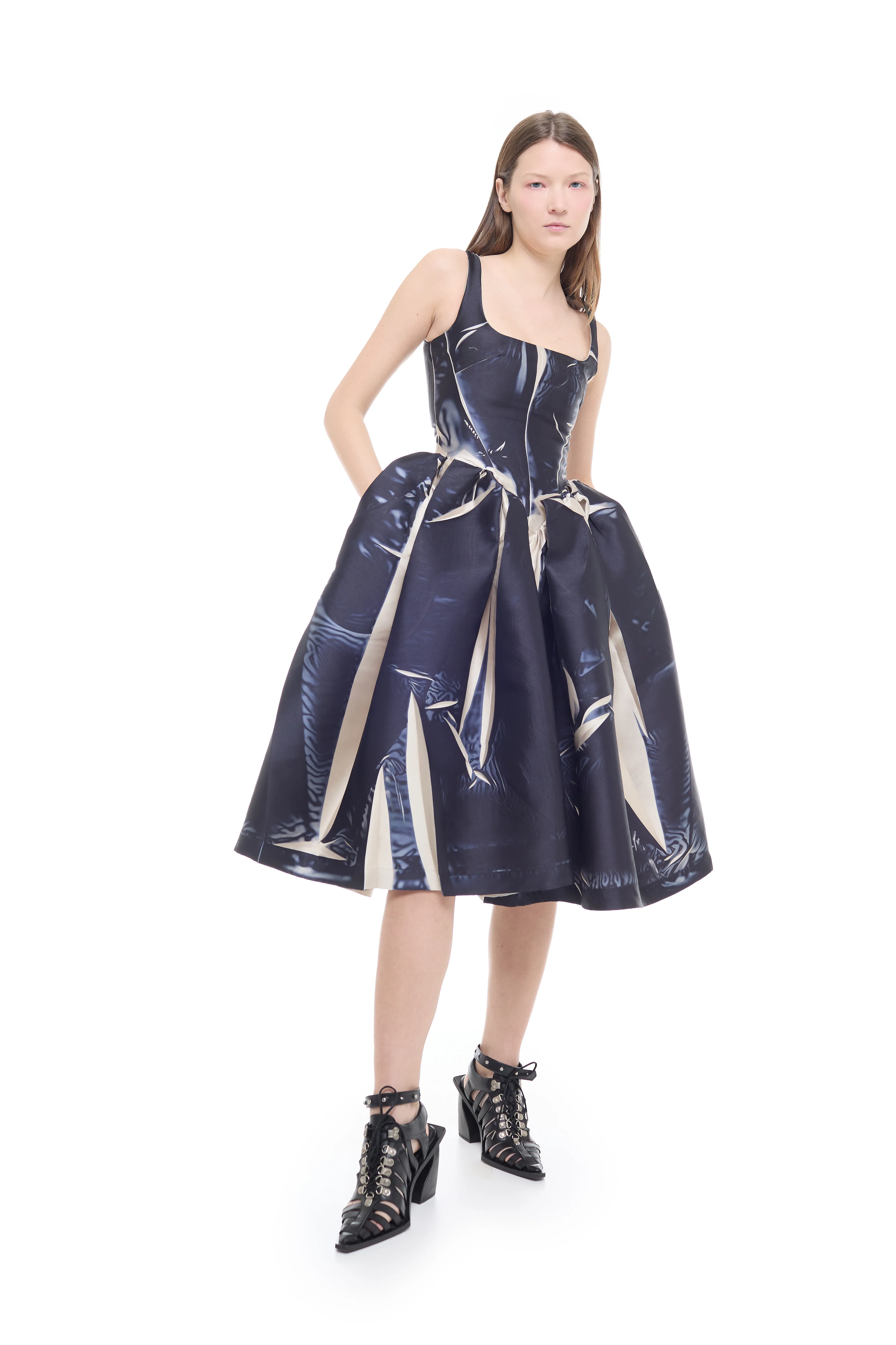 BLACK PRINTED MIKADO SLEEVELESS PUFF DRESS sold by Marques ’ Almeida