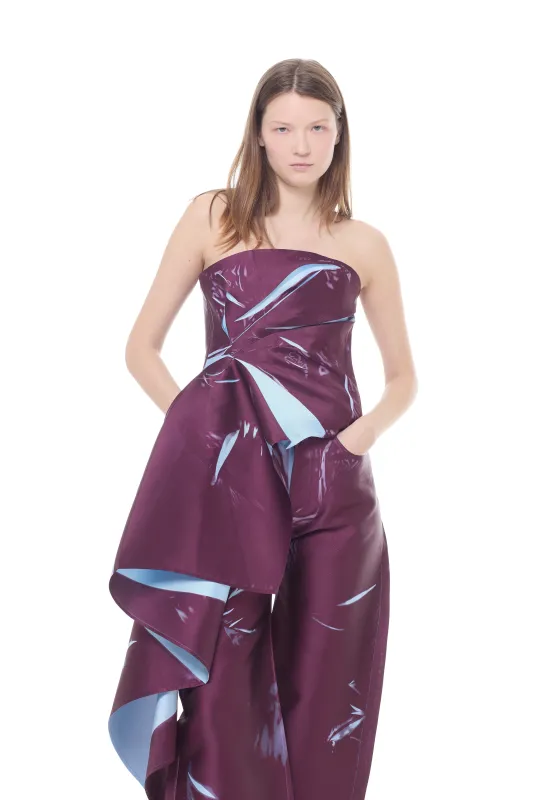 BURGUNDY MIKADO DRAPED STRAPELESS TOP made by Marques ’ Almeida