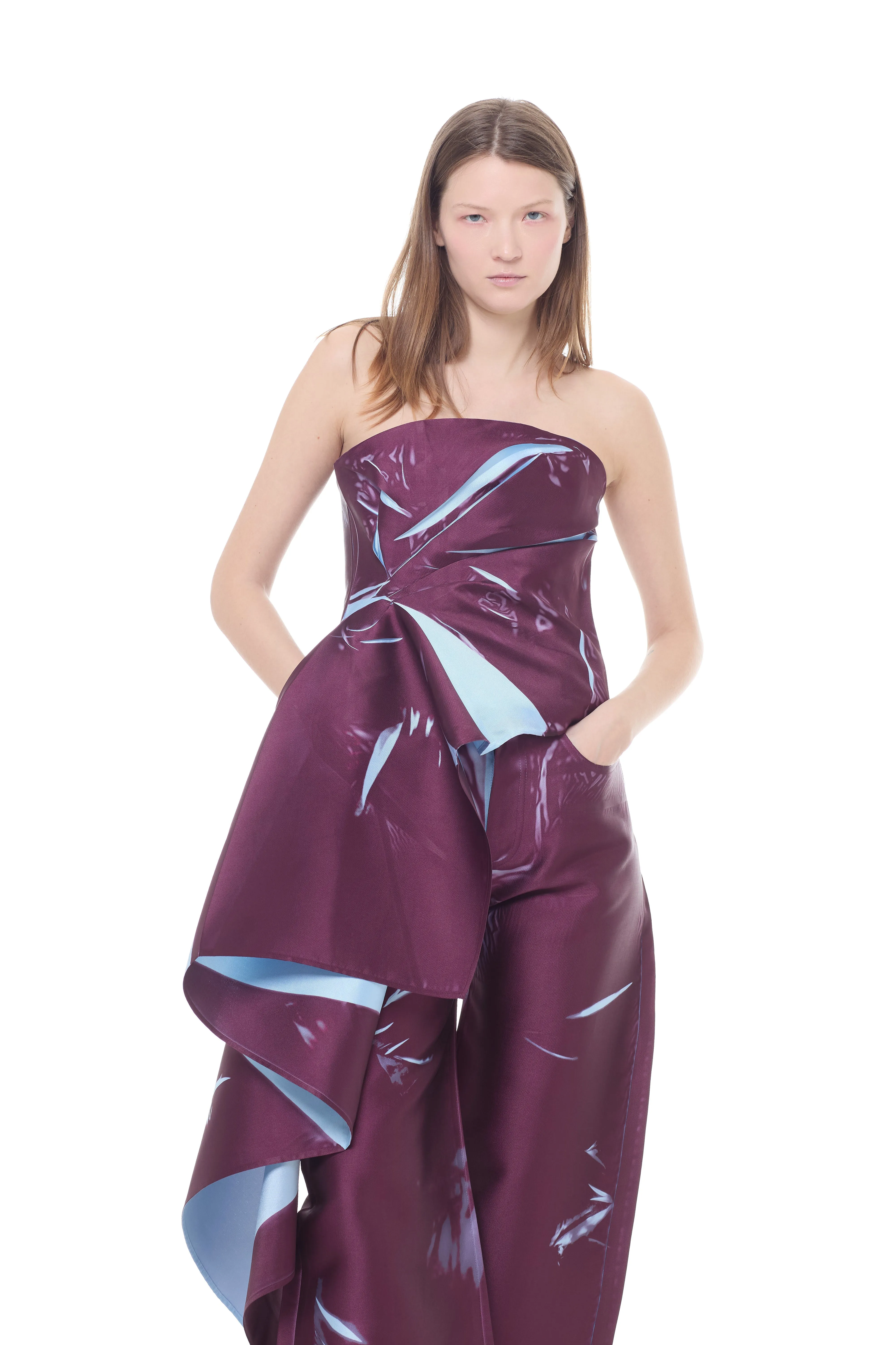 BURGUNDY MIKADO DRAPED STRAPELESS TOP sold by Marques ’ Almeida