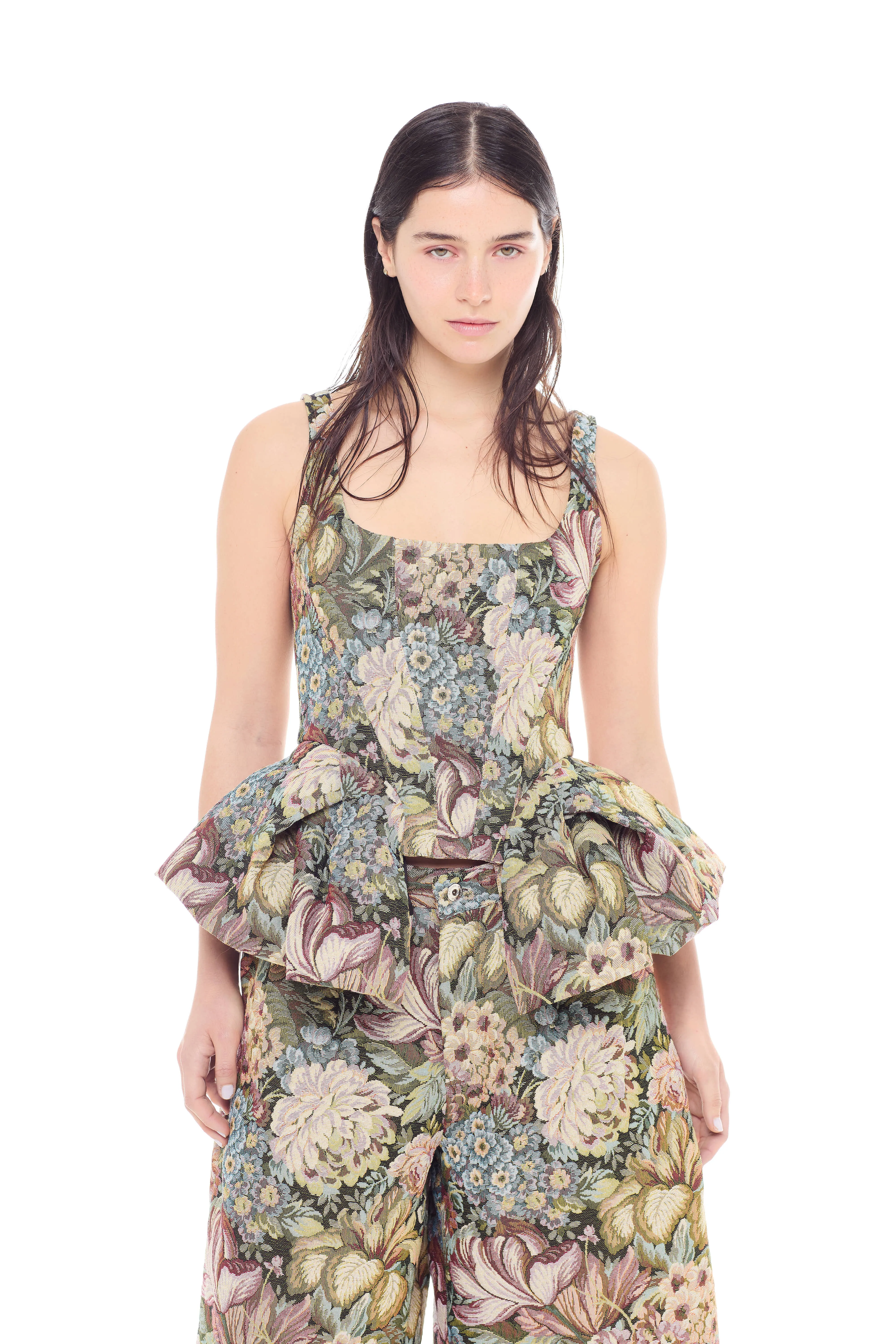 GREEN BROCADE PEPLUM CORSET sold by Marques ’ Almeida