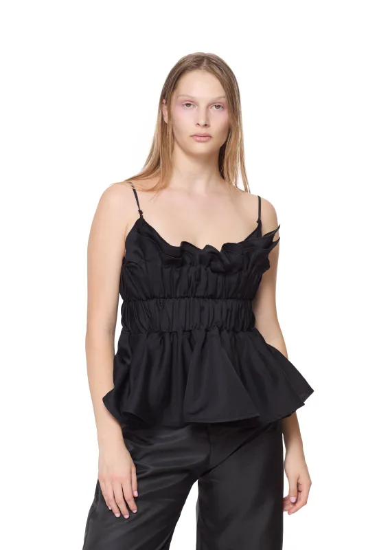 BLACK LINEN GATHERED STRAP TOP made by Marques ’ Almeida