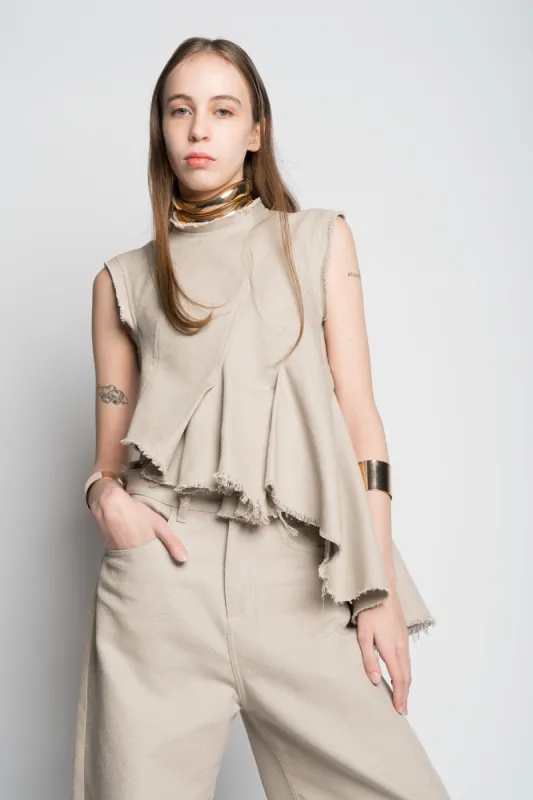 BEIGE WOVEN SLEEVELESS TOP WITH ASYMMETRIC HEM made by Marques ’ Almeida