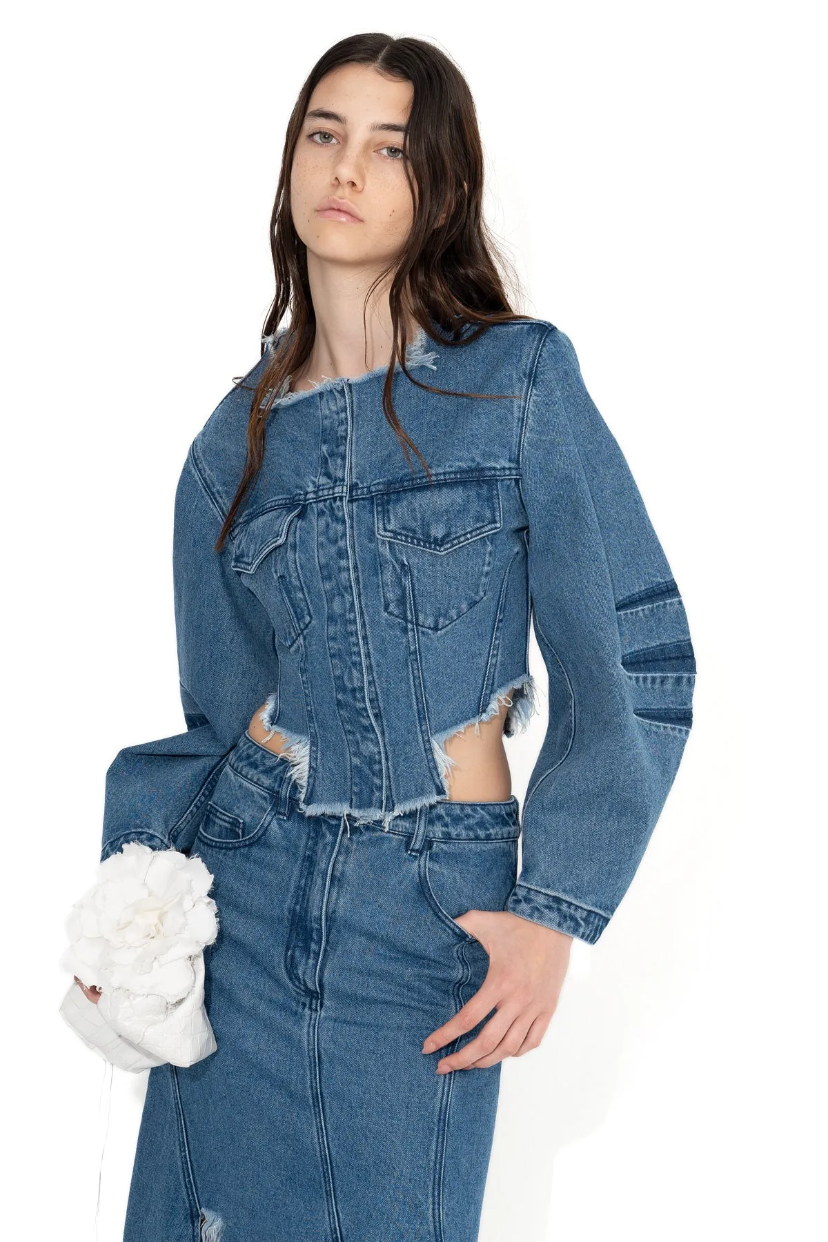 MID BLUE ROUND SLEEVE CROPPED JACKET sold by Marques ’ Almeida