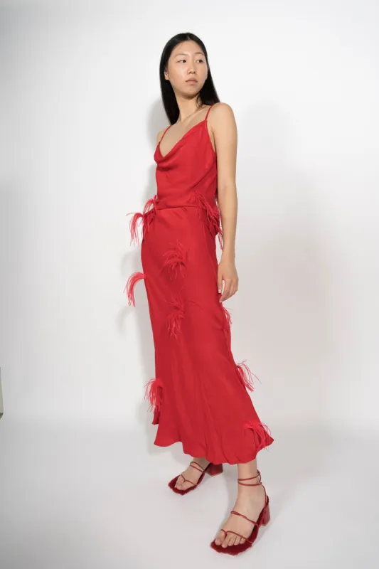 RED MIDI SKIRT WITH FEATHERS sold by Marques ’ Almeida