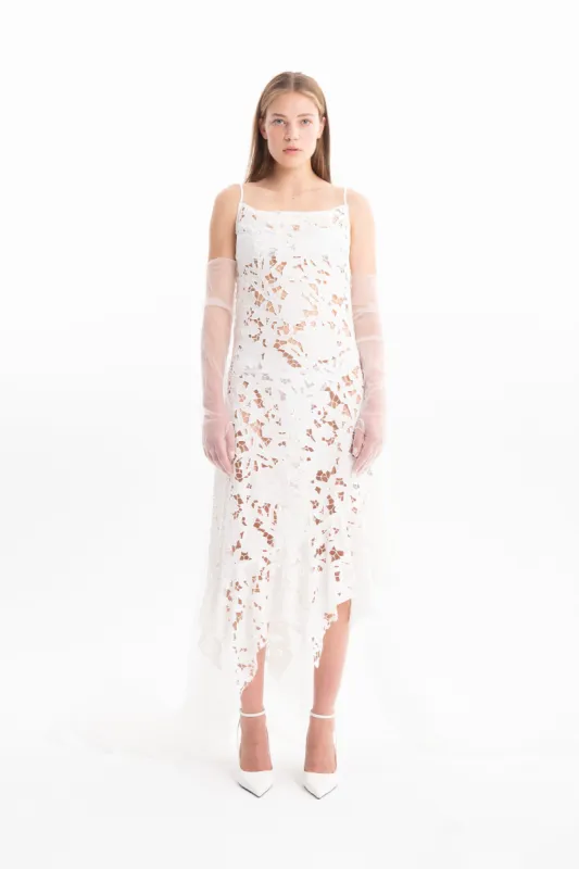 WHITE EMBROIDERED STRAP DRESS WITH PEPLUM made by Marques ’ Almeida