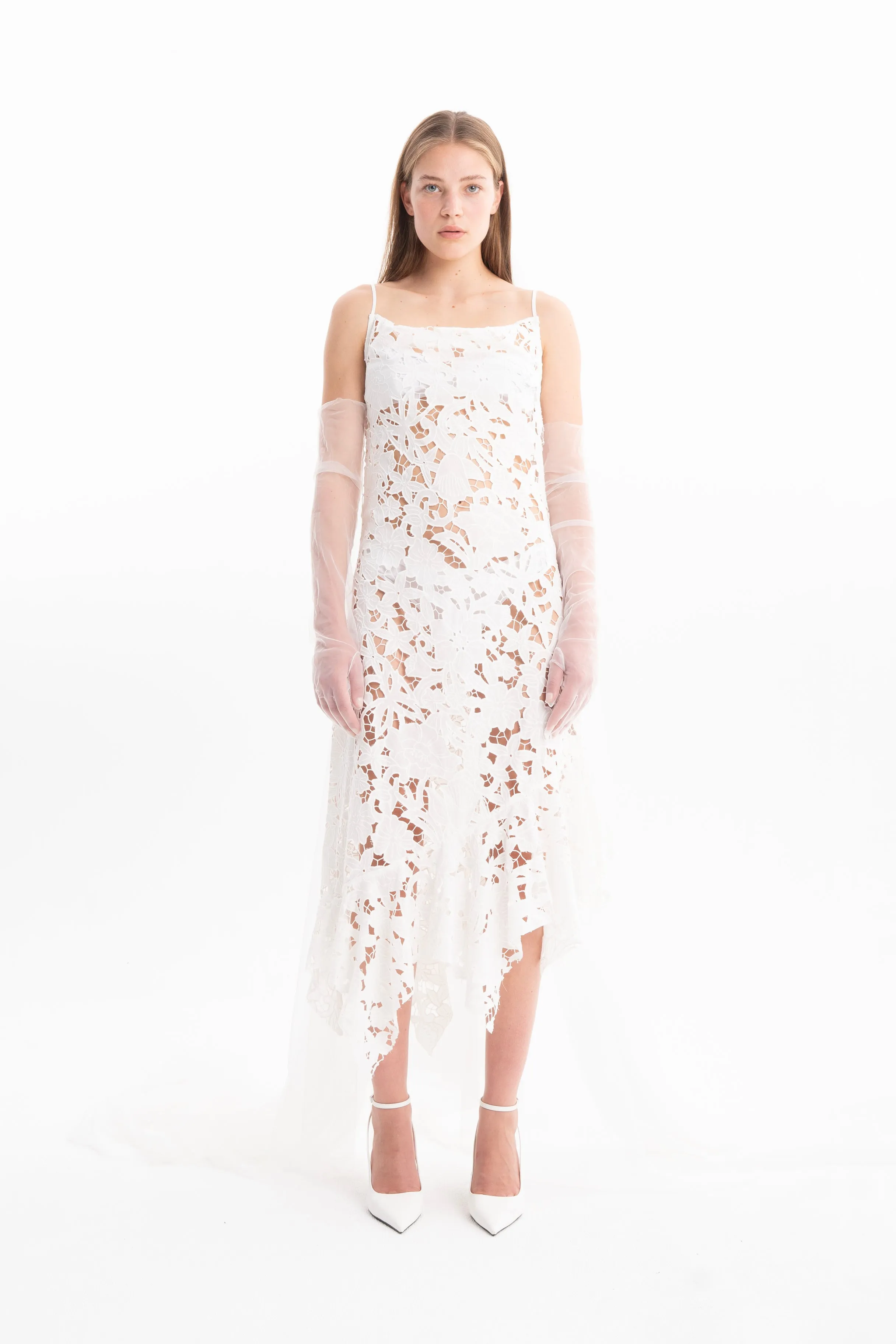 WHITE EMBROIDERED STRAP DRESS WITH PEPLUM sold by Marques ’ Almeida