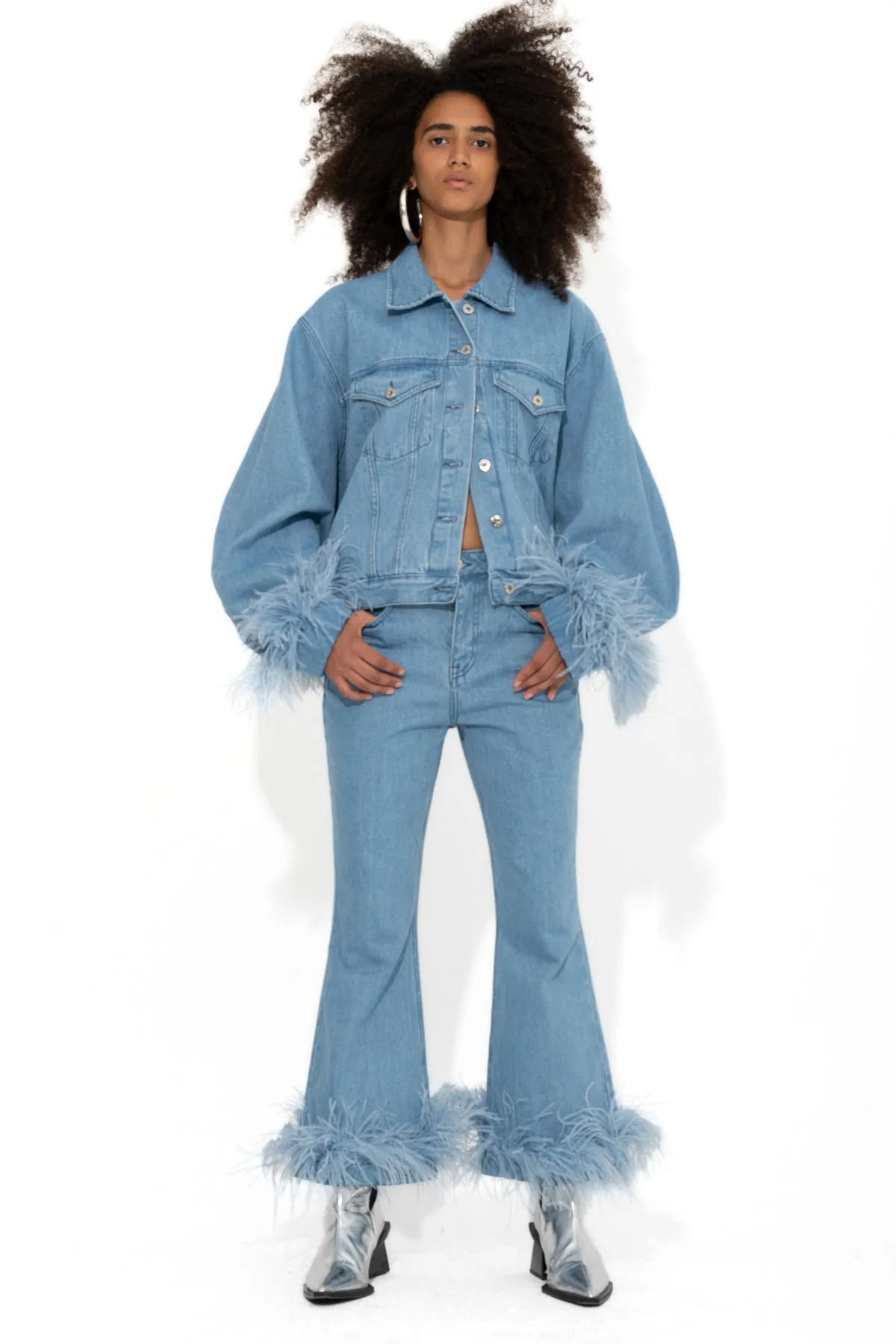 LIGHT BLUE FEATHER CUFF JACKET sold by Marques ’ Almeida
