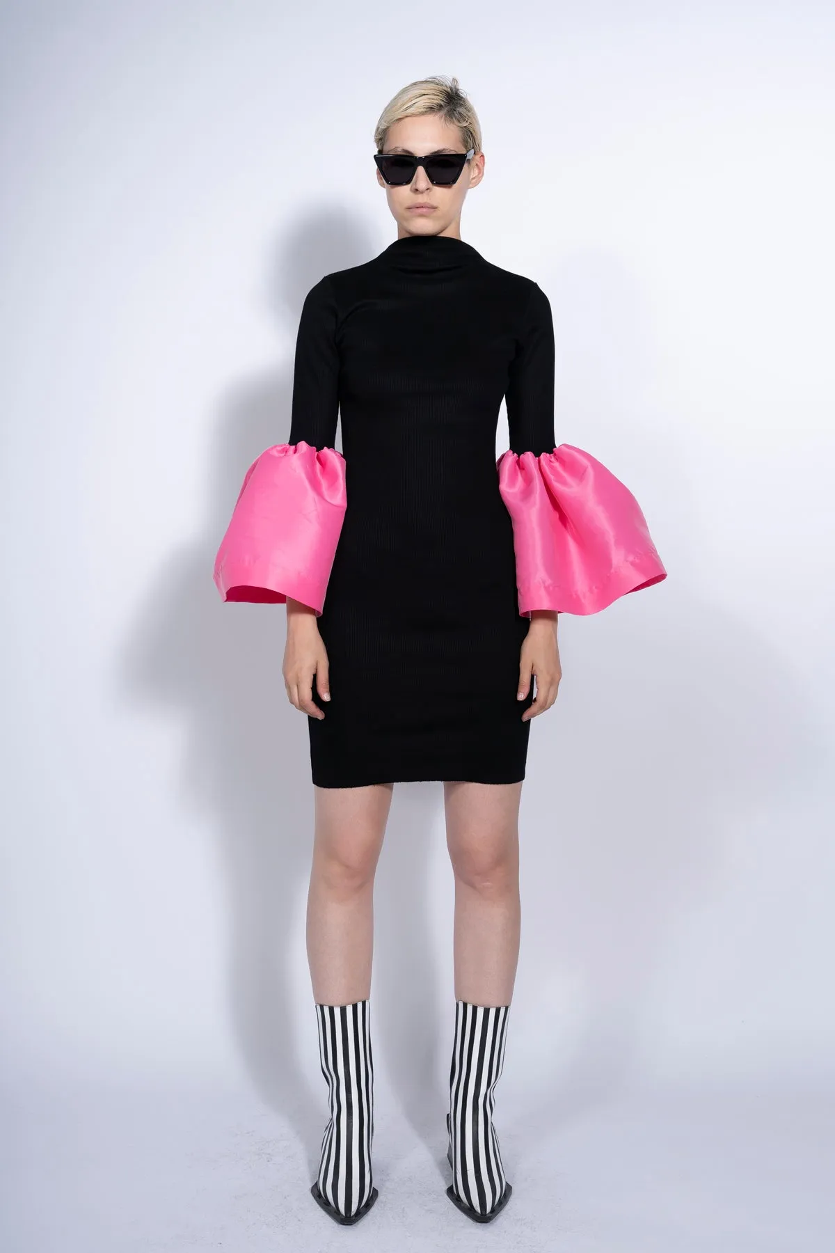 BLACK AND PINK RIB DRESS WITH PUFF SLEEVES sold by Marques ’ Almeida