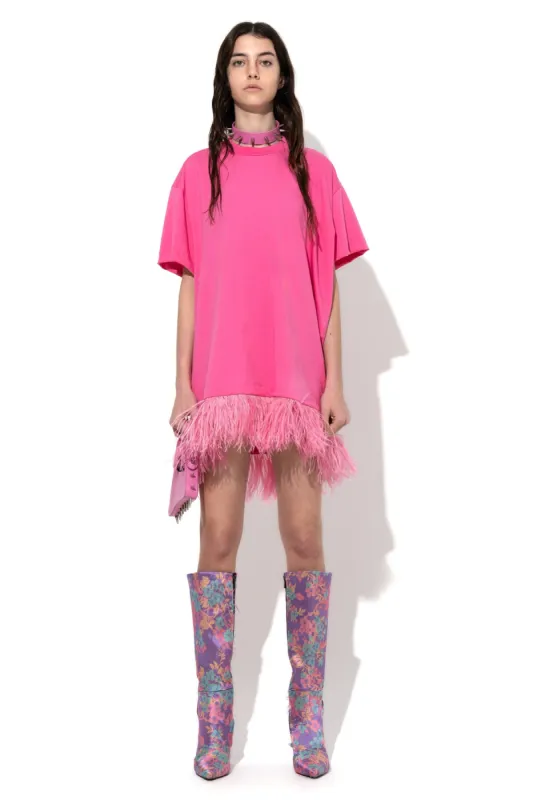 BRIGHT PINK FEATHER HEM T-SHIRT DRESS made by Marques ’ Almeida