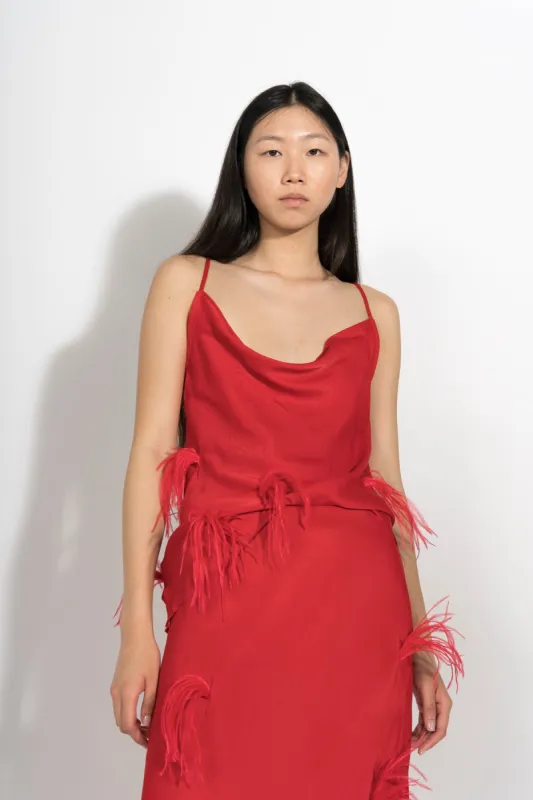RED SLIP TOP WITH FEATHERS made by Marques ’ Almeida