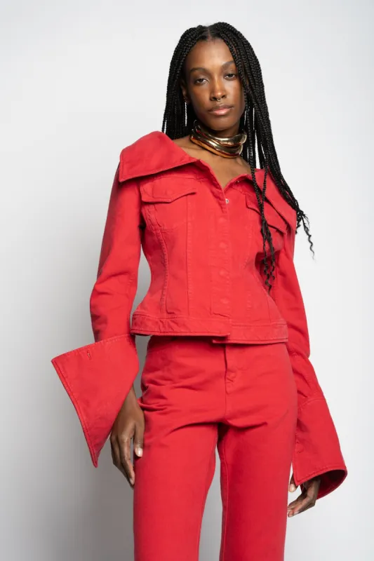RED OFF-SHOULDER COLLAR JACKET made by Marques ’ Almeida