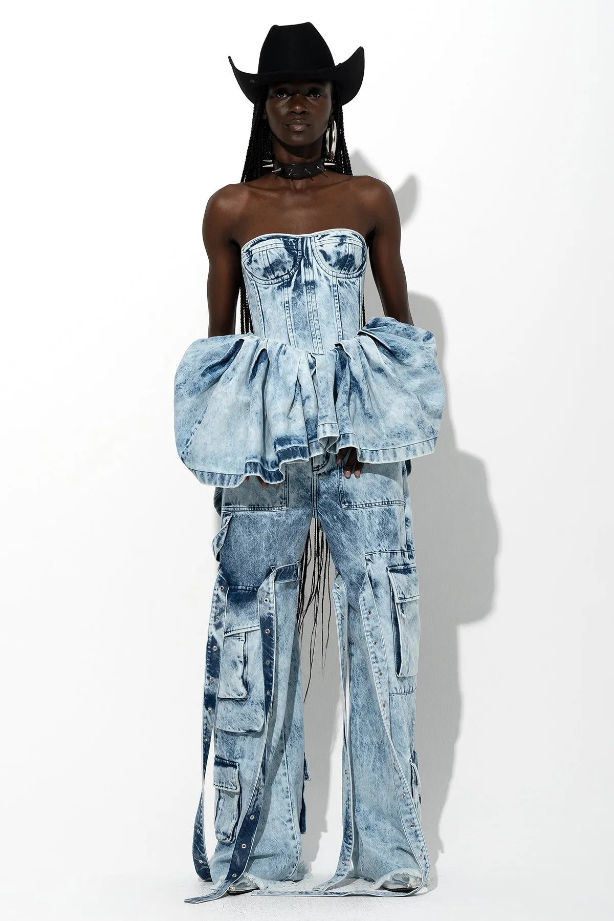 ACID WASH DENIM PEPLUM CORSET sold by Marques ’ Almeida