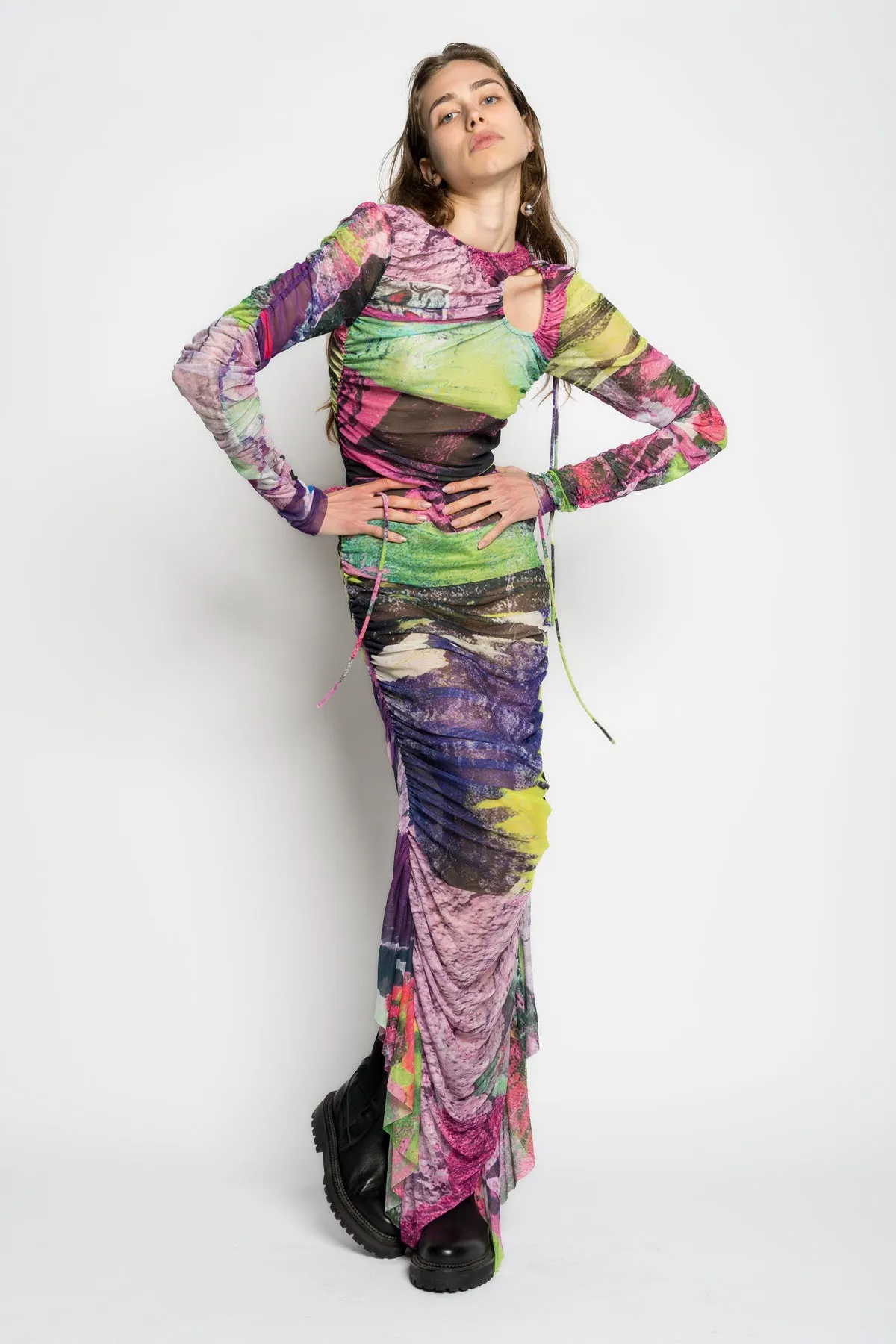 GRAFFITI PRINT LONG GATHERED MESH DRESS sold by Marques ’ Almeida product image thumbnail 3