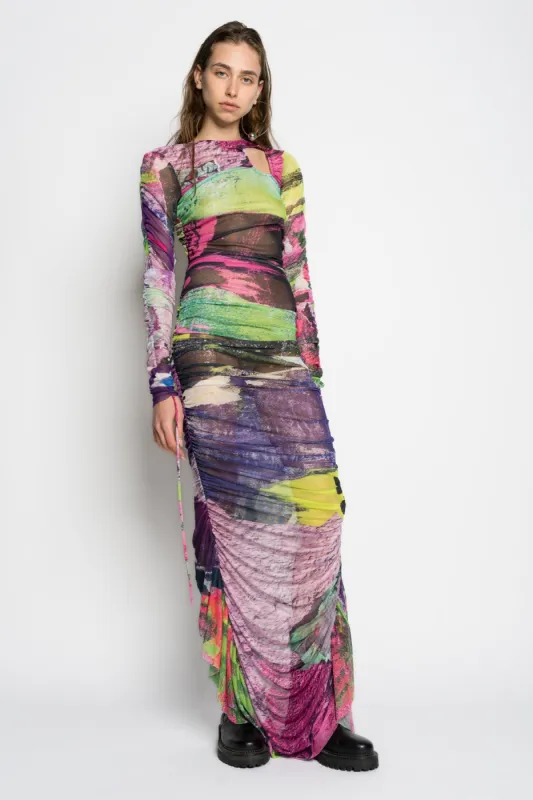 GRAFFITI PRINT LONG GATHERED MESH DRESS sold by Marques ’ Almeida