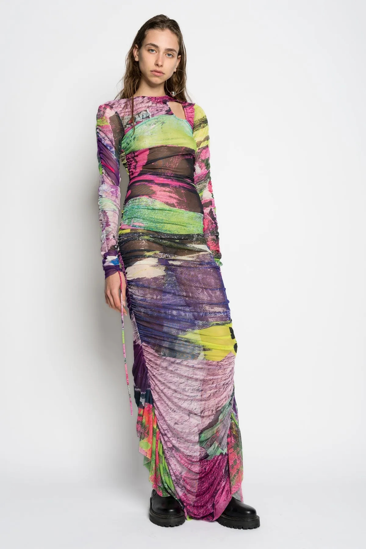 GRAFFITI PRINT LONG GATHERED MESH DRESS sold by Marques ’ Almeida