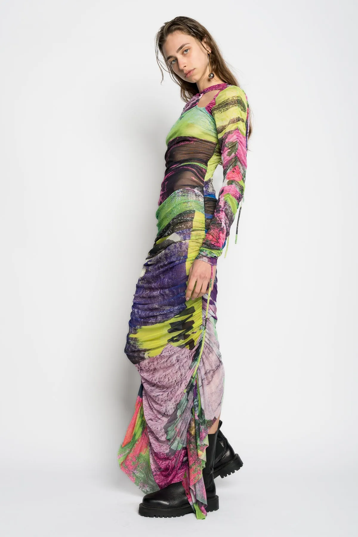 GRAFFITI PRINT LONG GATHERED MESH DRESS sold by Marques ’ Almeida product image thumbnail 5