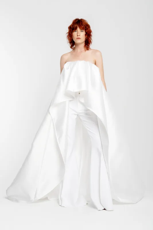 WHITE MIKADO PLEATED STRAPLESS TRAIN TOP made by Marques ’ Almeida