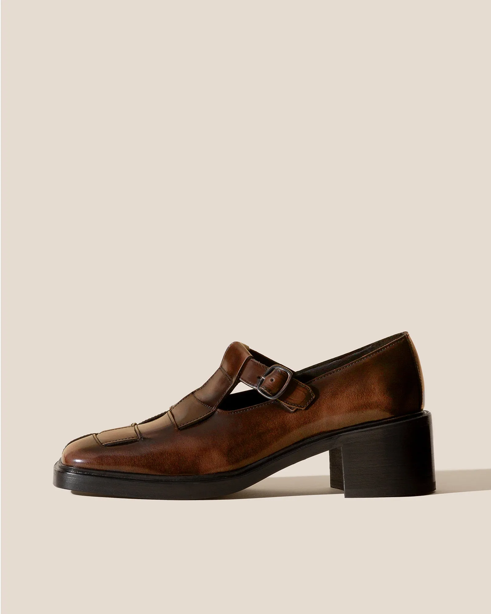 POBLA HEELED - Brushed Interwoven T-Bar Loafer sold by Hereu Studio